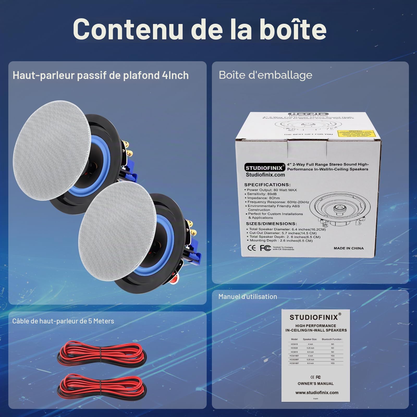 STUDIOFINIX HCS418 Haut-parleurs passifs 2 voies encastrables 160 W pour salle de bain cuisine salon bureau (2 haut-parleurs)