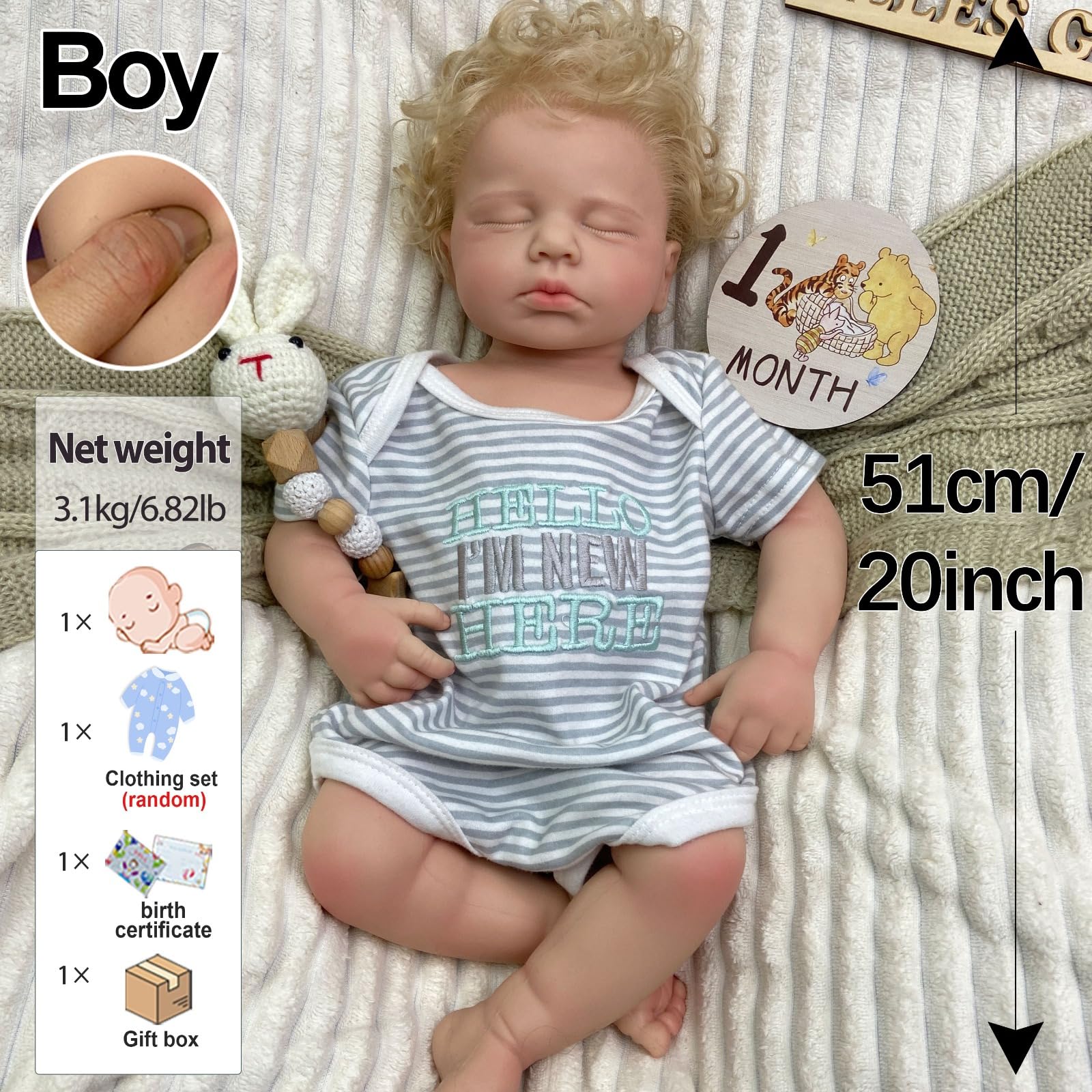 Muñeca Bebé Reborn Silicona Realista 51 cm, Cabello Rizado implantado