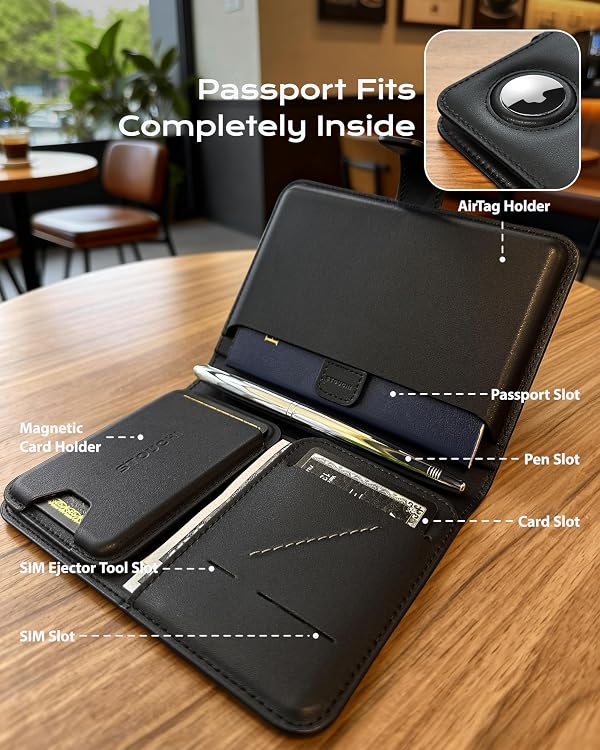 Stouchi AirTag RFID Passport Holder, Premium Vegan Leather Travel Holder with Detachable Magnetic Card Case, 1-Second Pull Strap & One-Hand Access, Travel Document Organizer for Men & Women-Black by Stouchi - Image 4