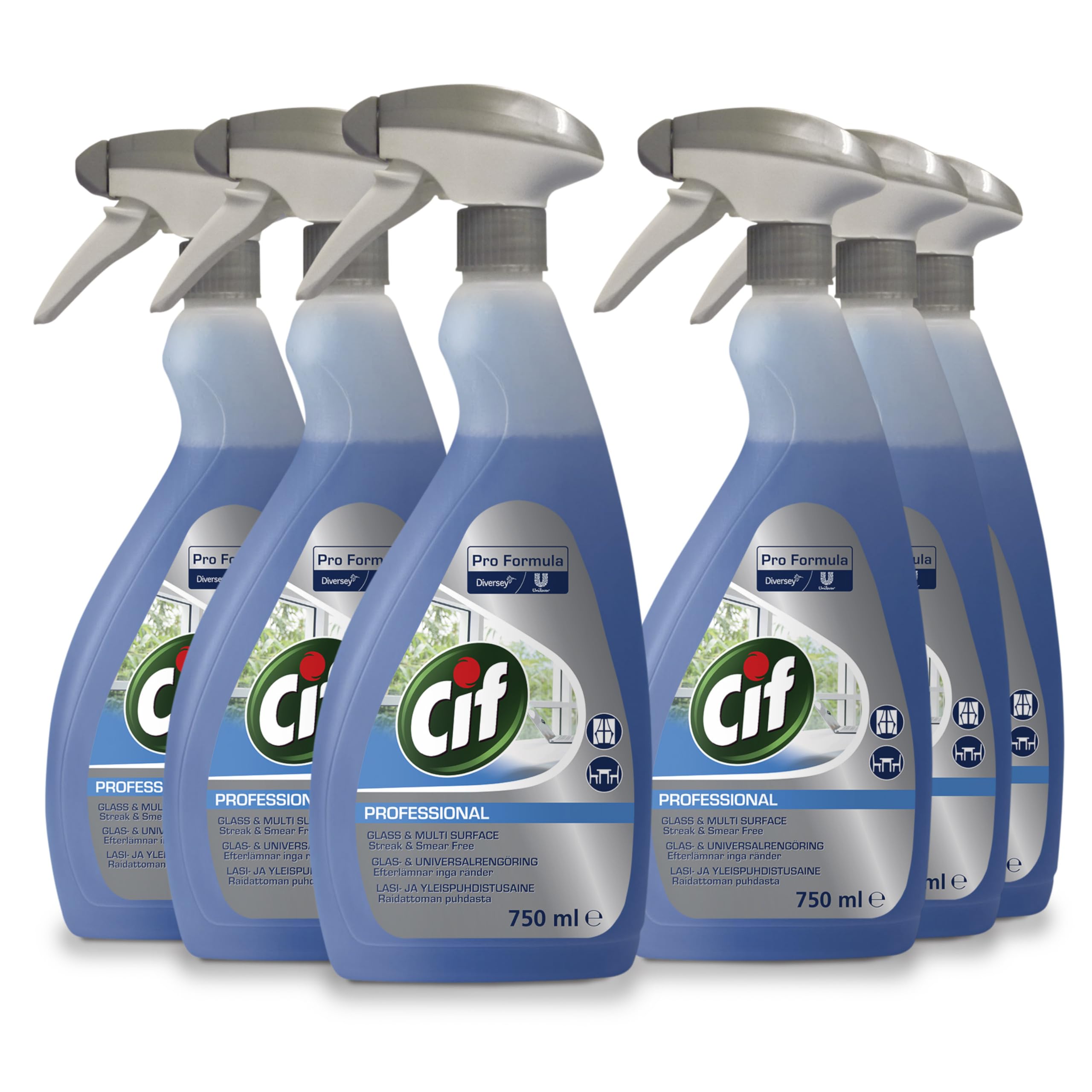 Cif Pro Formula Window and Multi Surface Cleaner, professional formulation, Pack of 6 ( 6 X 0,75)