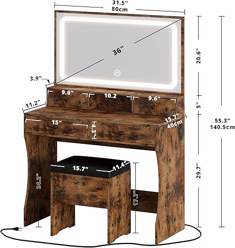 Miniatura 6 de IRONCK Juego de escritorio con espejo iluminado LED y toma de corriente, mesa de tocador de maquillaje con 4 cajones, banco de almacenamiento, para