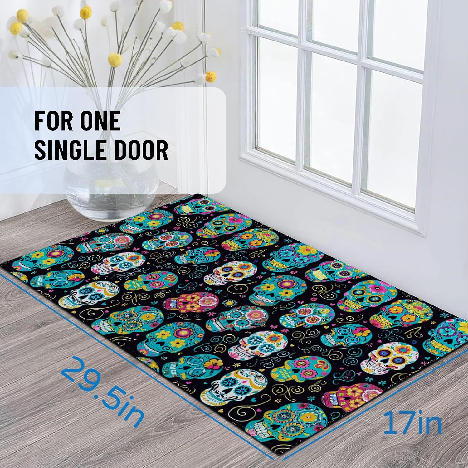 Colorful Sugar Skull Indoor Door Mat 29.5x17in,Non Slip Backing Day of the Dead Floor Mat,Non Woven Entryway Rug,Welcome Mats Decor,for Entrance Inside Porch Bedroom Kitchen,Doormats Gifts