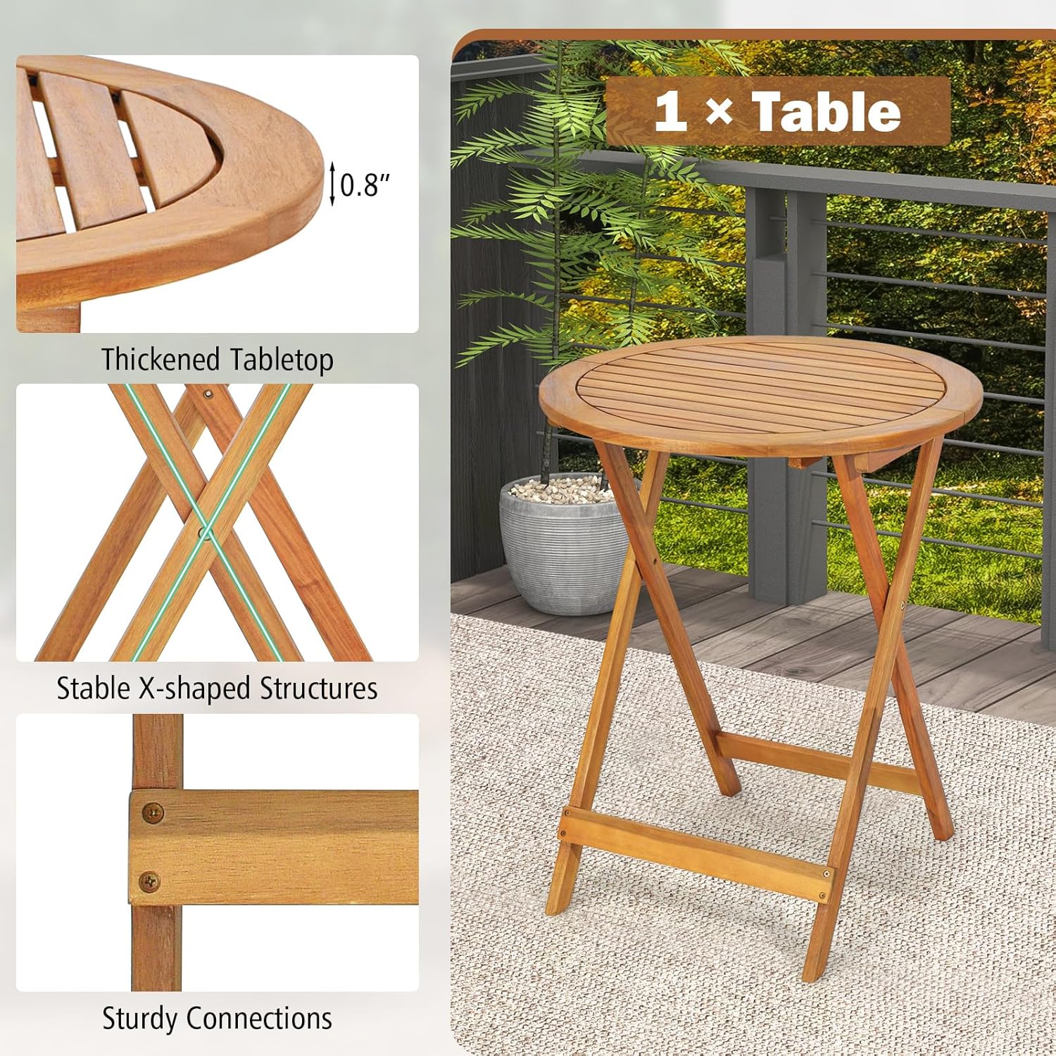 Tangkula 3 Pieces Folding Patio Bistro Set, Solid Acacia Wood Table and Chairs with Slatted Tabletop, Back & Seat, Foldable Outdoor Furniture Set for Patio, Backyard, Garden, Poolside