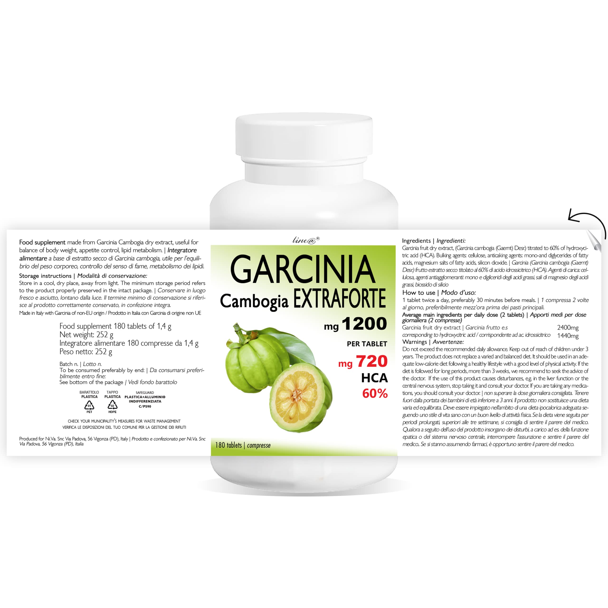 GARCINIA CAMBOGIA EXTRAFORTE 1200mg pro Tablette - 180 Tabletten - 100% PURE (720mg HCA pro Tablette) 100% NATURAL - ITALIENISCHES PRODUKT