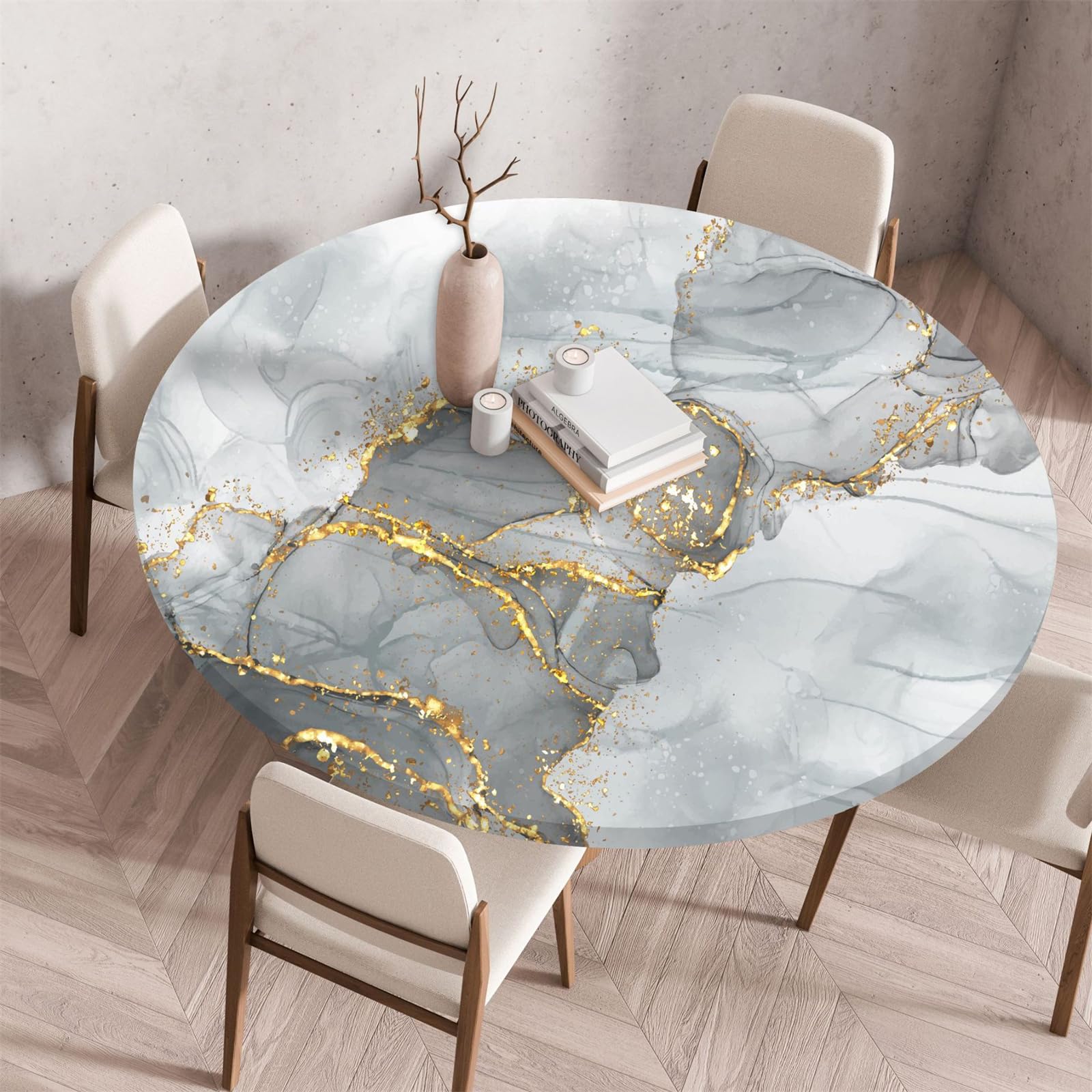 Muiuou Elastic Fitted Round Tablecloth, Marble Printing Tabletop Reusable Waterproof Oil-Proof Round Table Cover Cloth, Fitted Home Decoration Restaurant Kitchen — image 1