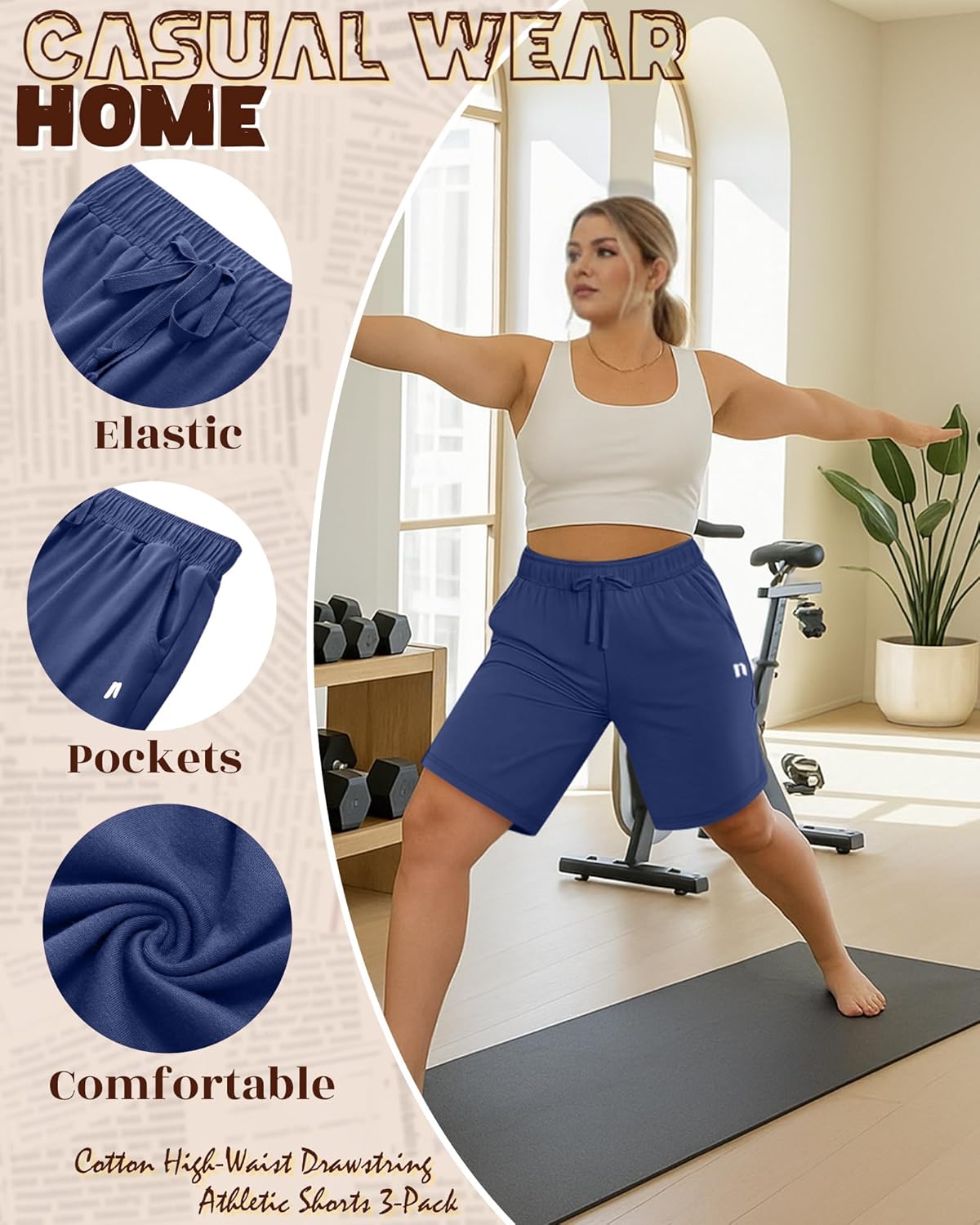 Neer 3 Pack Plus Size Women's Bermuda Shorts Cotton Drawstring High Waisted Casual Athletic Sweatpants Shorts with Pockets