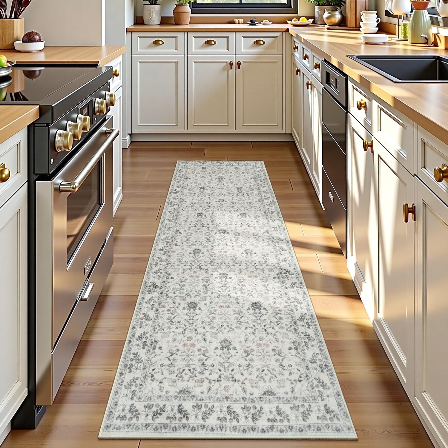 Hallway Runner Rug 2x6 Washable Kitchen Runners, Soft Non-Slip Laundry Room Entryway Rugs, Vintage Boho Floral Bathroom Long Carpets, Low Pile Dining Living Room Floor Mat, Beige