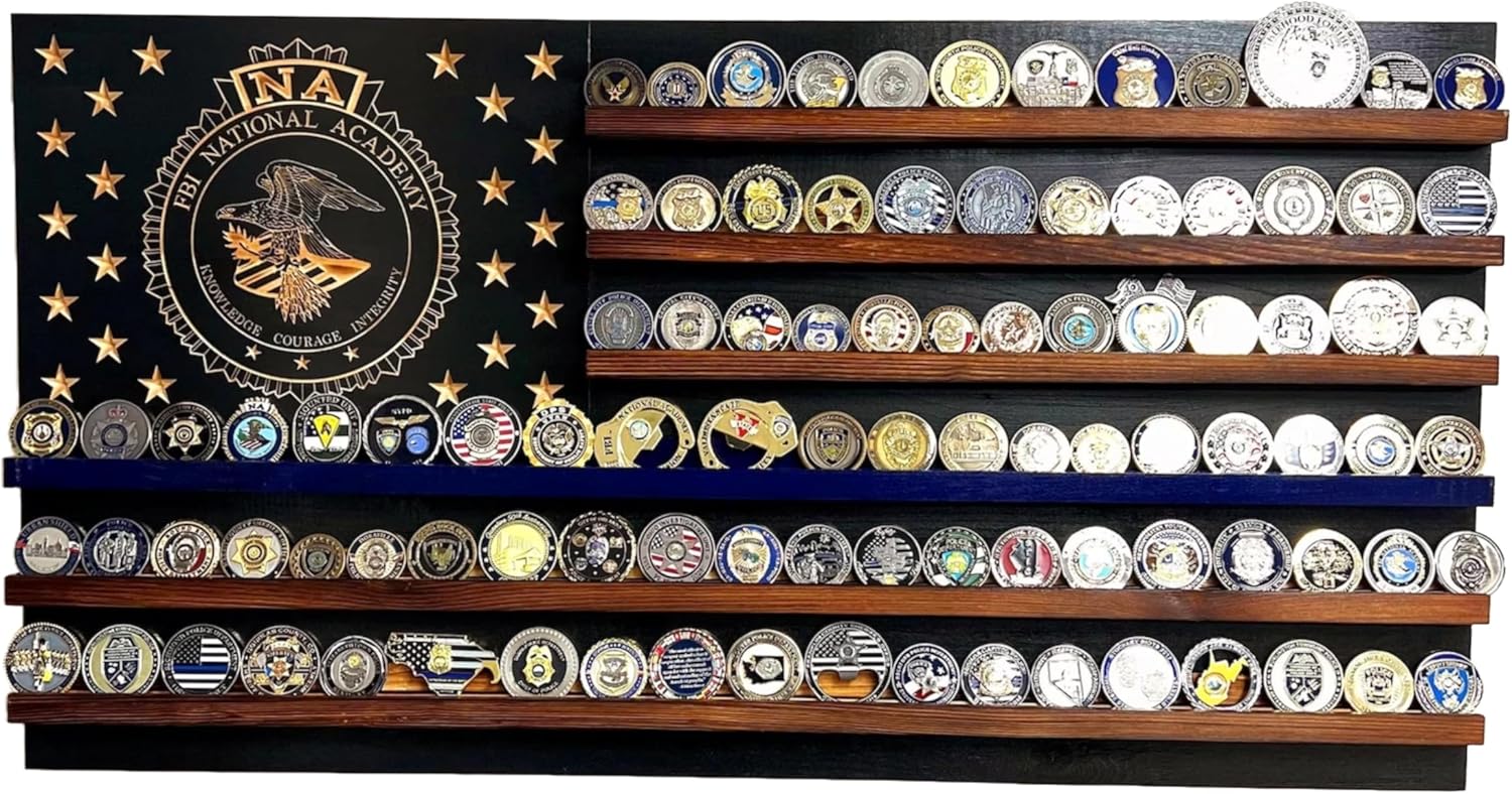 FBI National Academy Thin Blue Line Challenge Coin Holder Holds 90-100 Coins, for Military, Police, Law Enforcement, First Responders, Custom Handmade Quality, Made in Texas