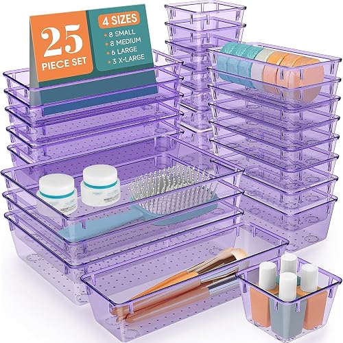 25 Piece Plastic Drawer Organiser Set Clear Purple Storage Bins