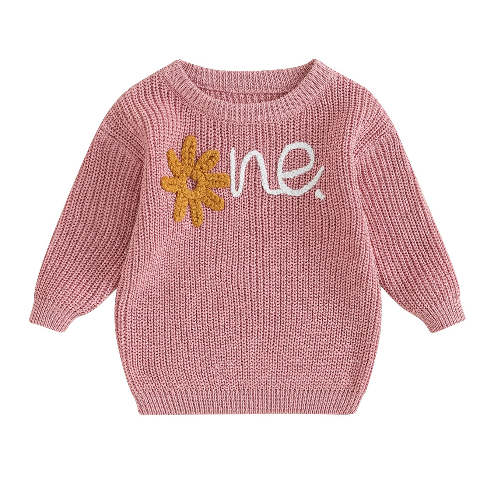 Baby Girl Knit Sweater Long Sleeve Boho Floral Letter Embroidery Oversized Sweatshirt Warm Fall Winter Clothes (Pink, 9-12 Months)
