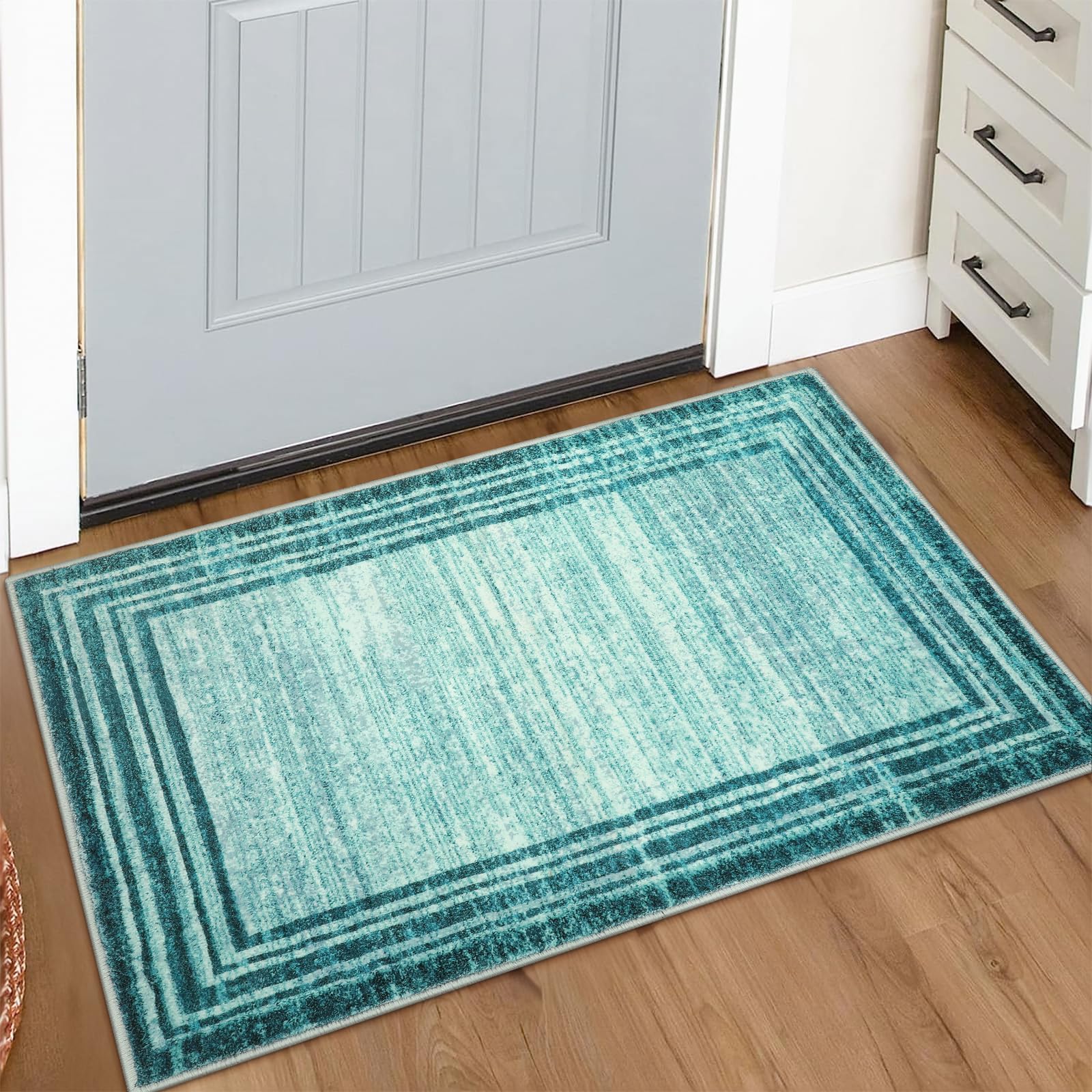 Amabel Modern Abstract Area Rug, Washable Teal 2x3 Entryway Rugs Non Slip Kitchen Carpet Indoor Front Door Throw Rugs, Minimalist Bordered Bathroom Rug Low-Pile Entry Mats for Bedroom
