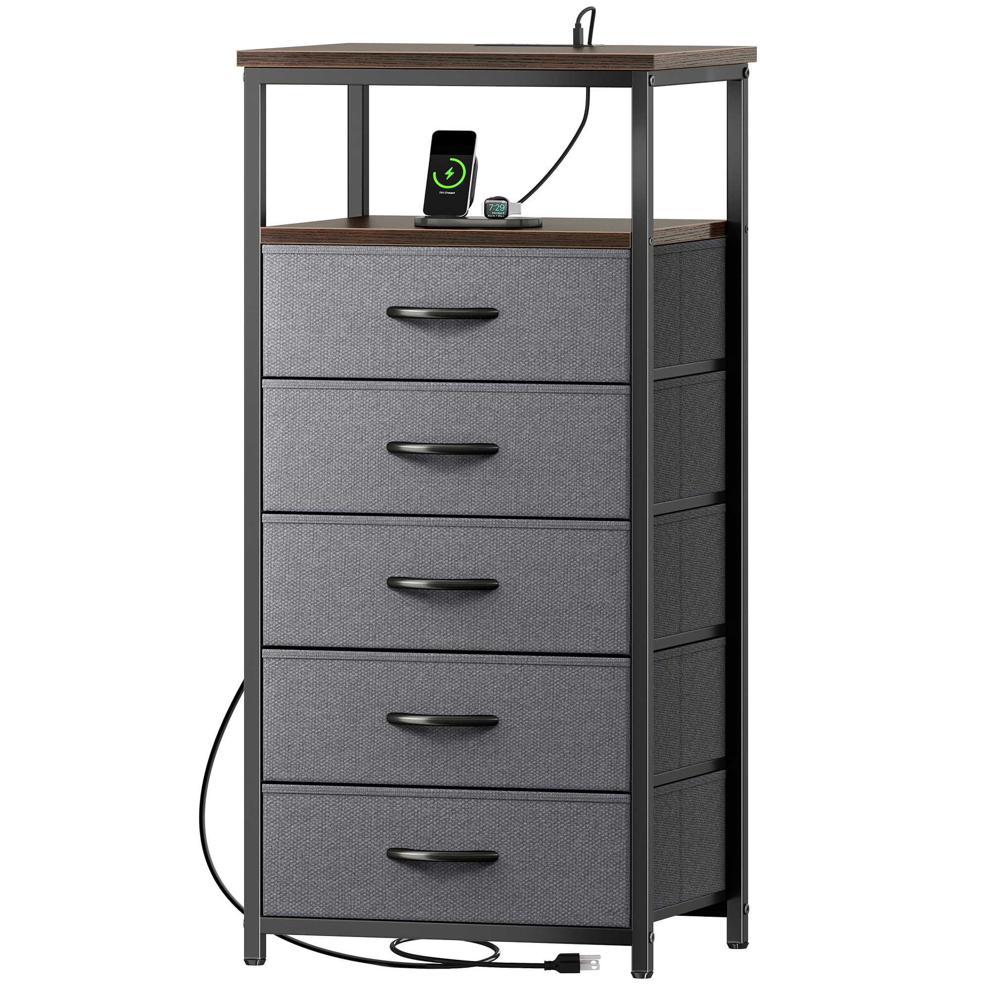 Huuger 5 Drawers Dresser with Charging Station, Dresser for Bedroom, Tall Night Stand, Chest of Drawers with Open Shelf, Bedside Table Nightstand,
