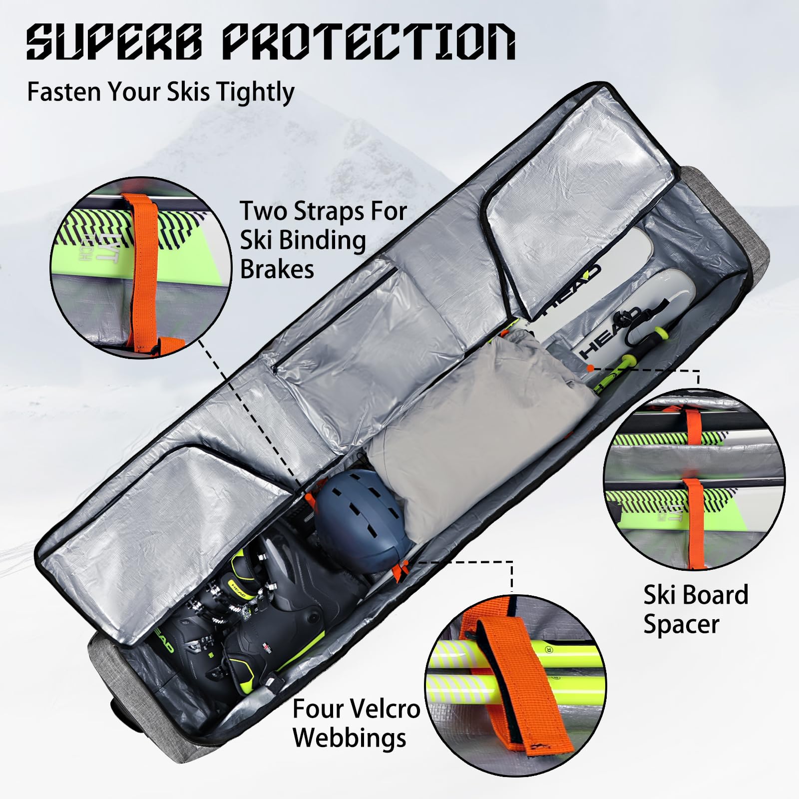 Goloni Skitasche mit Rollen, gepolsterte Snowboardtasche für Flugreisen, 600D wasserdichter Stoff, faltbare Schneetasche für 2 Paar Ski