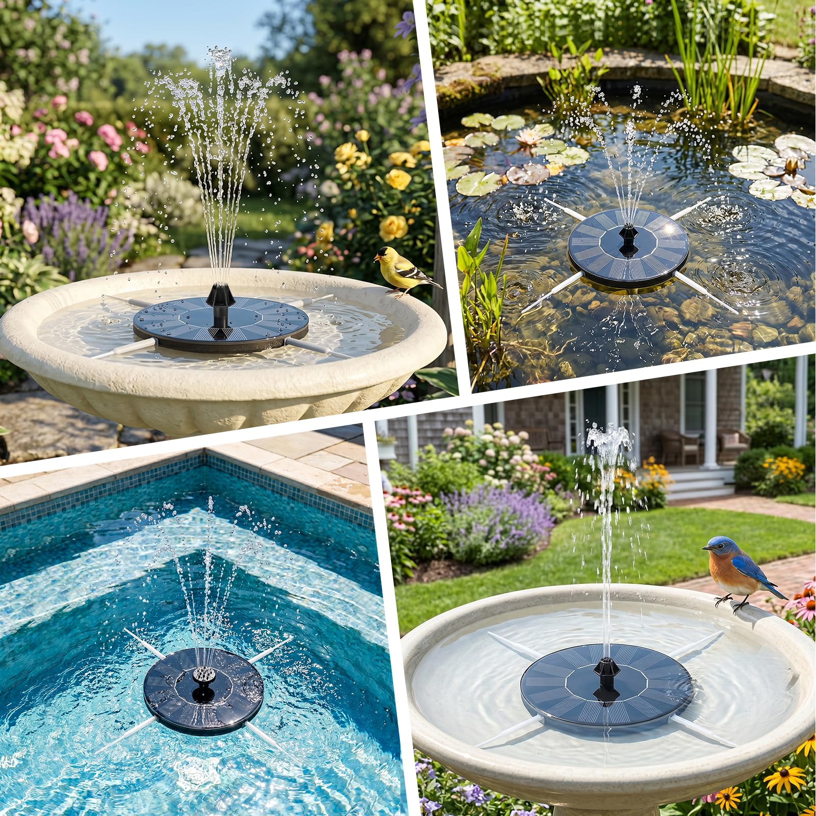 Mademax - Fuente solar flotante e independiente con bomba de agua mejorada de 1,4 W y 4 boquillas para bebederos para pájaros, jardines, estanques, piscinas o exteriores