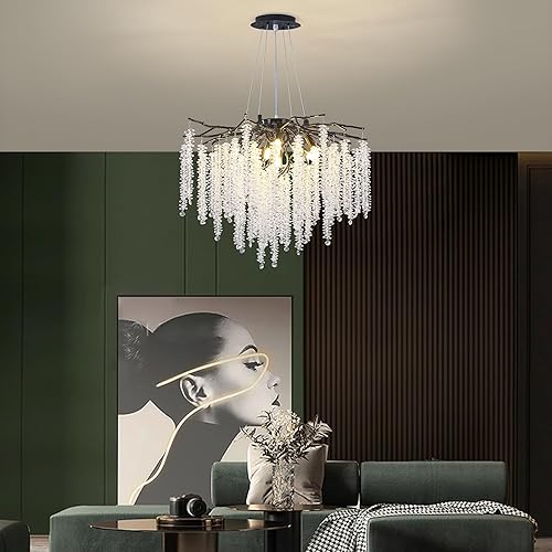 Miniatura 5 de Candelabro moderno de rama de árbol de cristal, 23.7 pulgadas de diámetro con forma de gota de lluvia redonda negra para interiores, lámpara