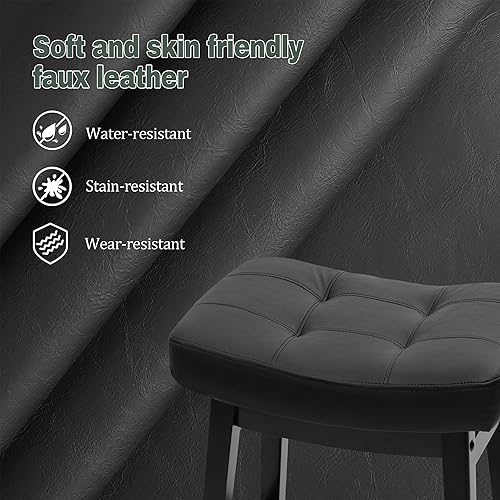Miniatura 5 de Juego de 2 taburetes de bar negros para encimera de cocina, taburetes de bar modernos con asiento tapizado de piel sintética sin espalda y patas de