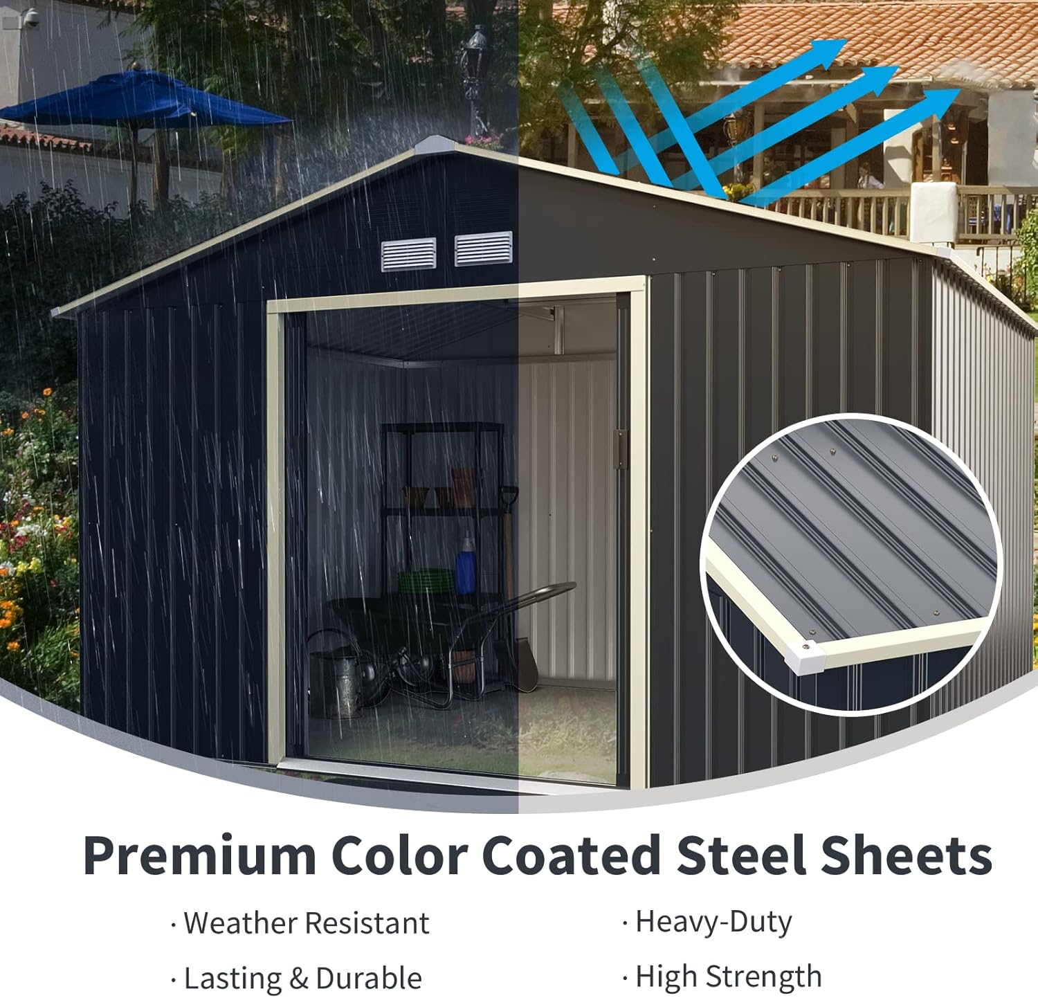 Exterior view of the shed during rain, highlighting the premium color-coated steel sheets.
