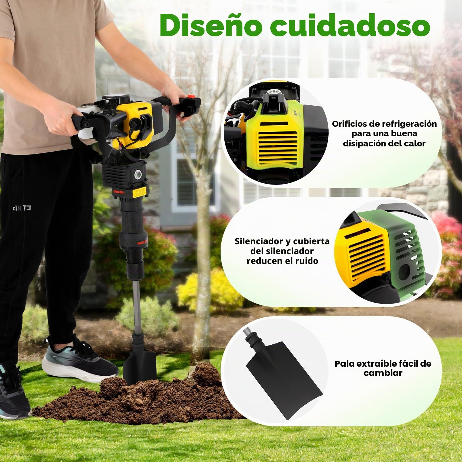 Excavadora para árbol de jardín, 2 tiempos, 52 cc, 1,9 kW, gasolina, excavadora de gasolina, excavadora de árbol de jardín con broca de 290 mm