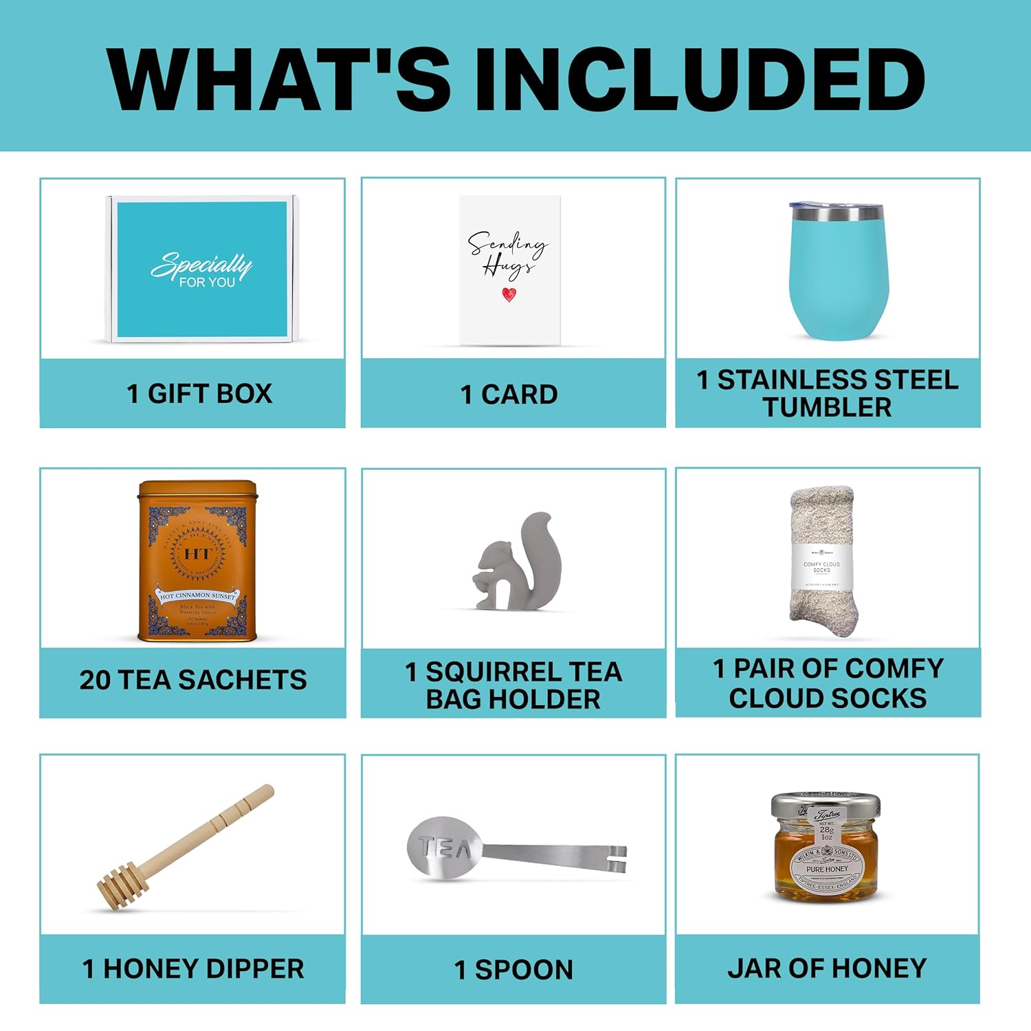 Tea Gift Set for Women – Thoughtful Get Well Gift Box with Cozy Socks, Stainless Tumbler, 20 Sachets, Honey Jar & Sending Hugs Card (Hot Cin Sunset Teaa - Cloud Socks)