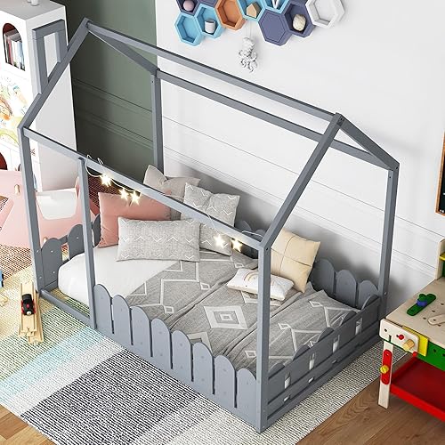 Miniatura 3 de MERITLINE Marco de cama de madera tamaño individual cama Montessori con barandillas en forma de valla para niños pequeños niños niñas y niños