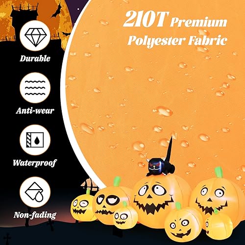 Miniatura 8 de Calabazas inflables de Halloween de 8 pies de largo, decoraciones inflables para exteriores con 7 calabazas y gato negro, soplador integrado, 4