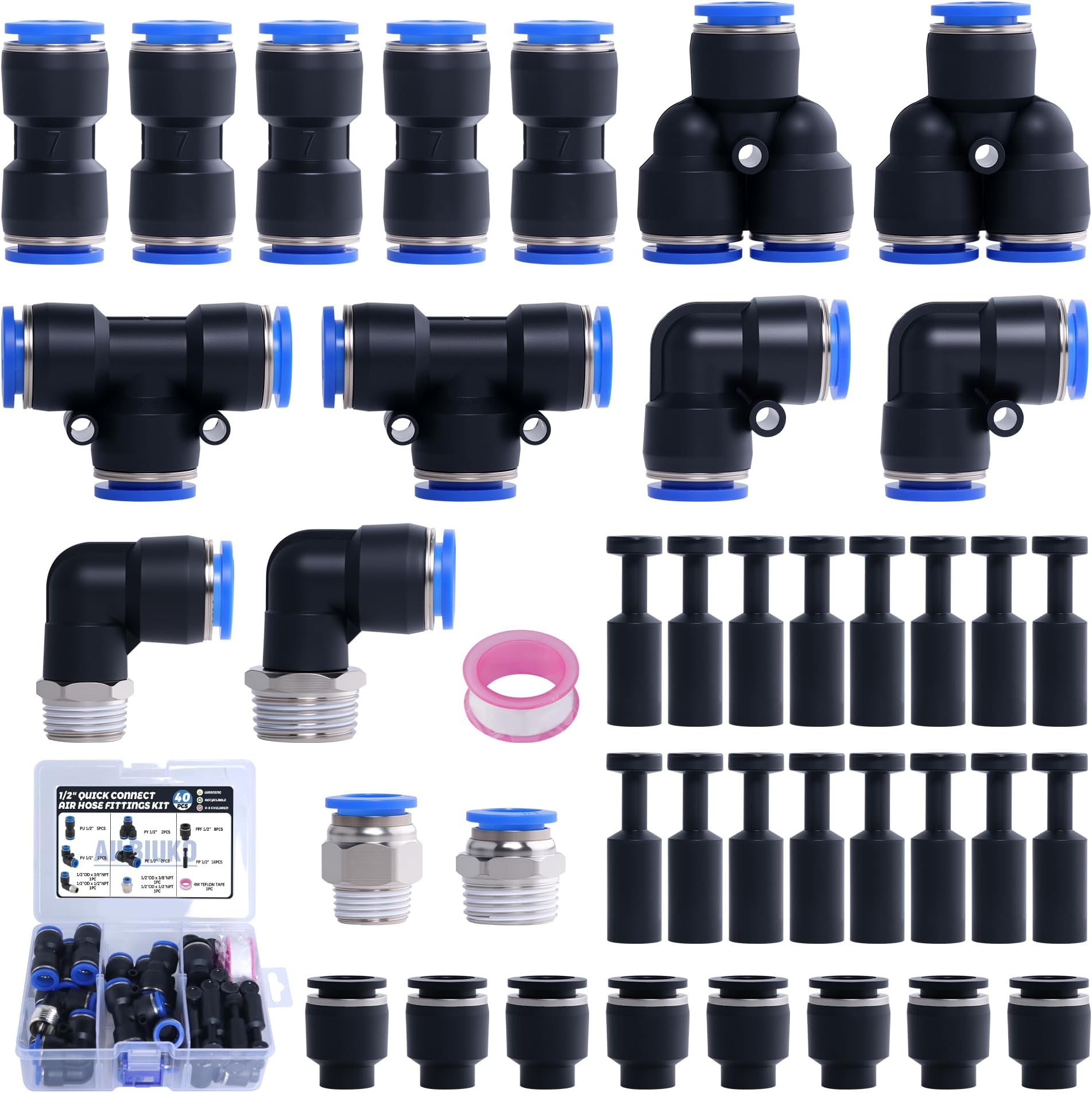 40 PCS 1/2" Quick Connect Air Hose Fitting Assortment Kit,Push to Connect Fittings 3/8" 1/2" NPT Thread Pneumatic Air Line Quick Connect Quick Release Fitting Kit