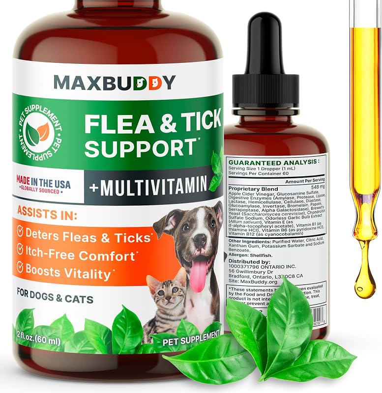 Flea and Tick Oral Prevention Support & Treatment for Dogs and Cats – Natural Flea Control with Multivitamin - Supplement Drops for Small and Large Dogs