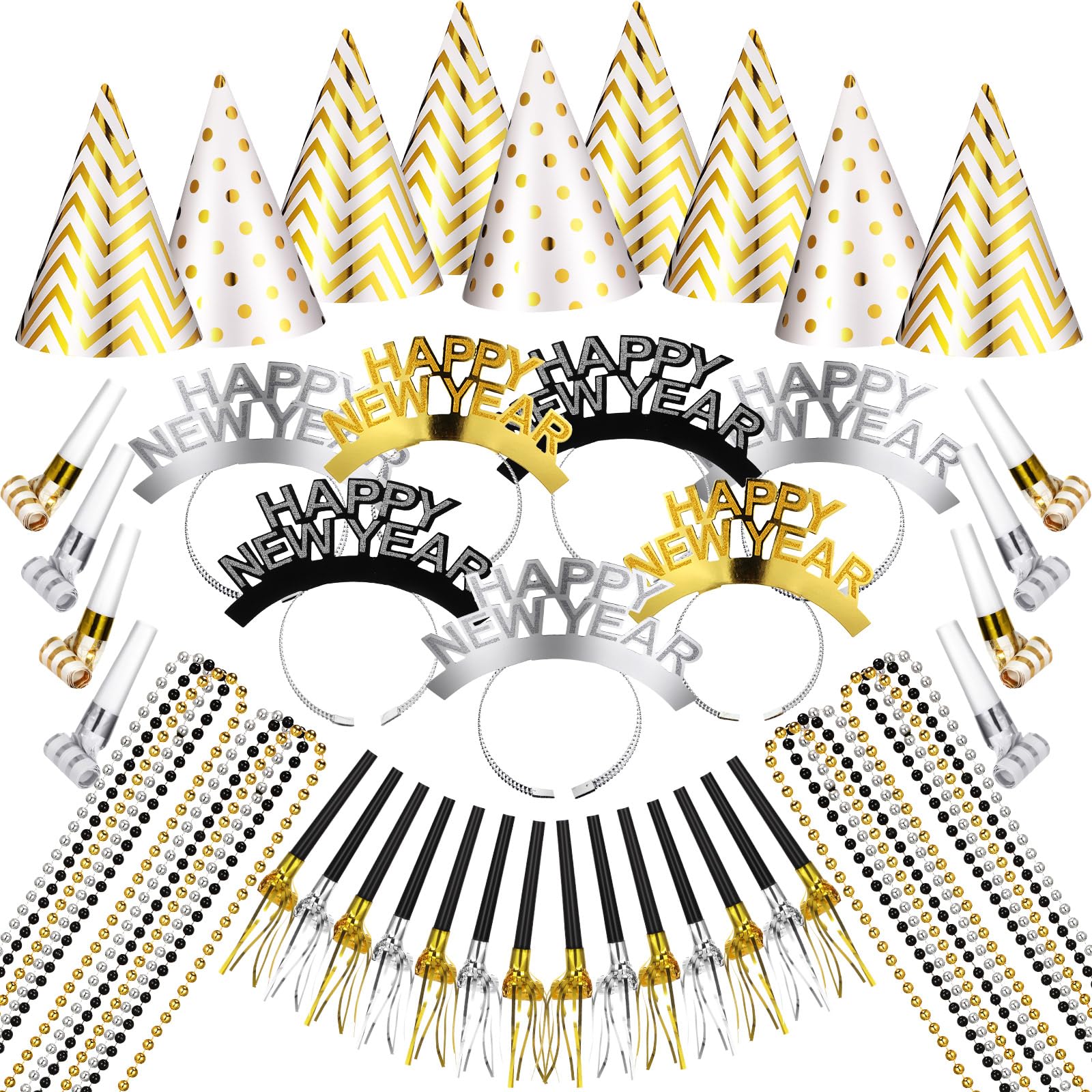 Foilswirl 120 piezas de suministros de fiesta de Nochevieja para invitados, incluye sombreros de cono, tiaras con purpurina, collar de cuentas, squawkers rizados (geométrico)