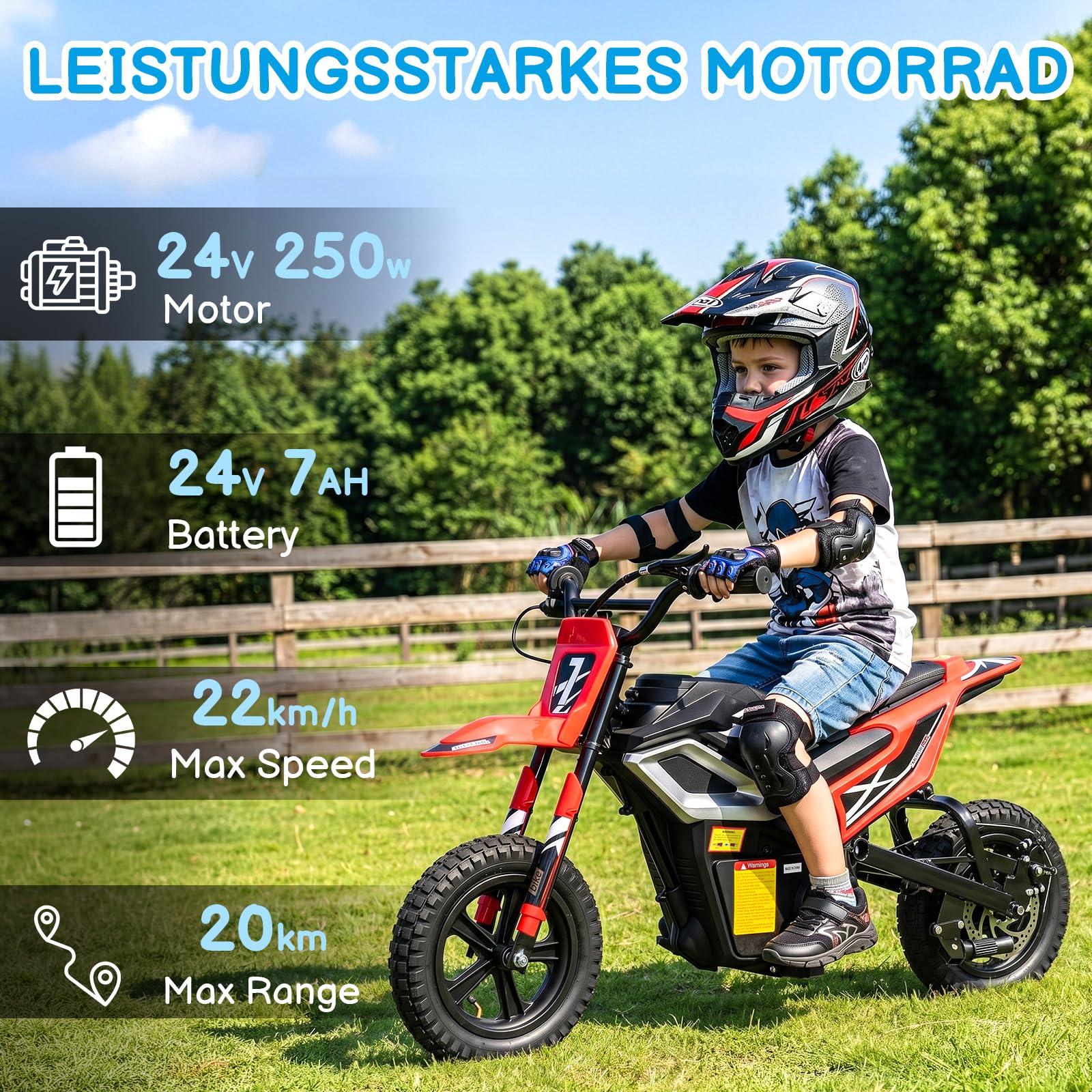 LALAHO 24V 7Ah Elektro Motorrad Kinder,Elektromotorrad Rot | Max 22,5 km/h,250W Kinderfahrzeug,Reichweite 19KM,12 Zoll Luftreifen,Moto Crossbike für Kinder