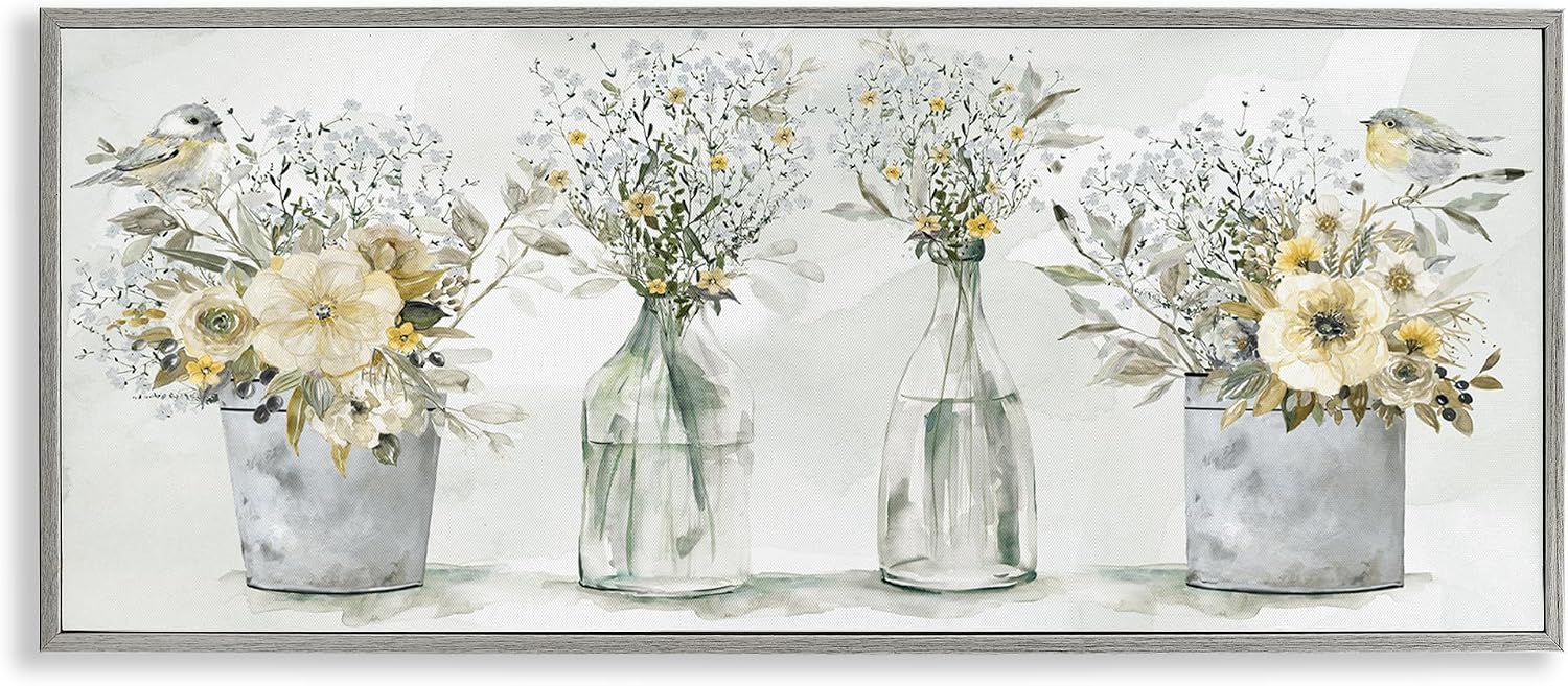 Stupell Industries Farmhouse Floral Bouquets Song Birds Rustic Vases, Designed by Carol Robinson Gray Framed Wall Art, 30 x 13, Yellow