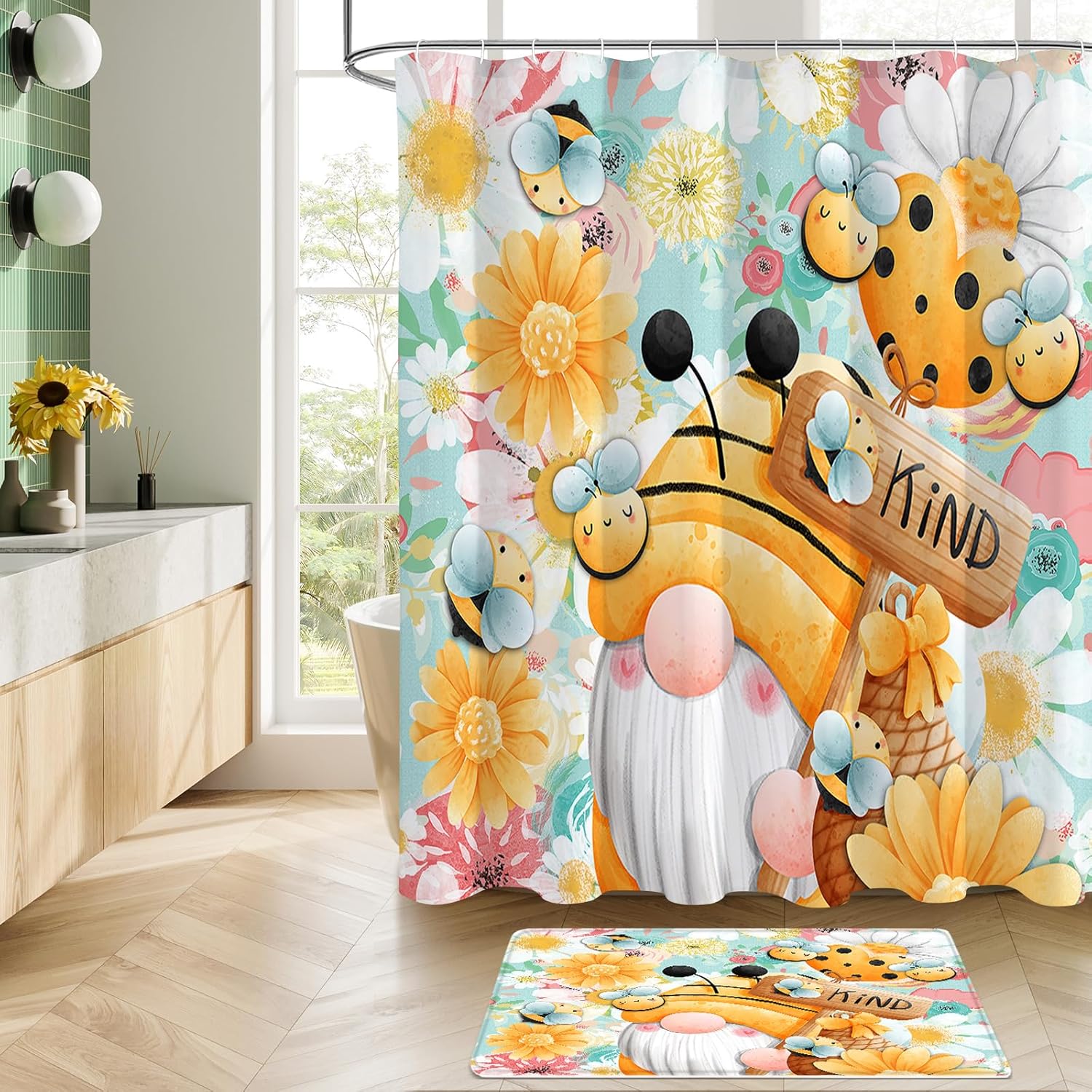 Litabel 4 Pcs Sping Gnomes Shower Curtain Set with Non-Slip Rugs, Toilet Lid Cover and Bath Mat, Boho Floral Bathroom Decor Set with Shower Curtain and Rugs(Hooks Not Included)