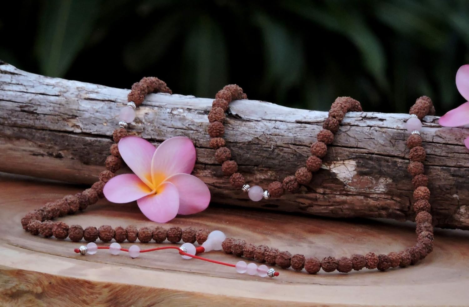 Hands Of Tibet Rudraksha Mala 108 Beads Necklace, Yoga Healing Natural Himalaya Seed Beads for Meditation, Prayer, Necklace, Wrist Mala Wrap Bracelet (Rose Quartz Spacers)