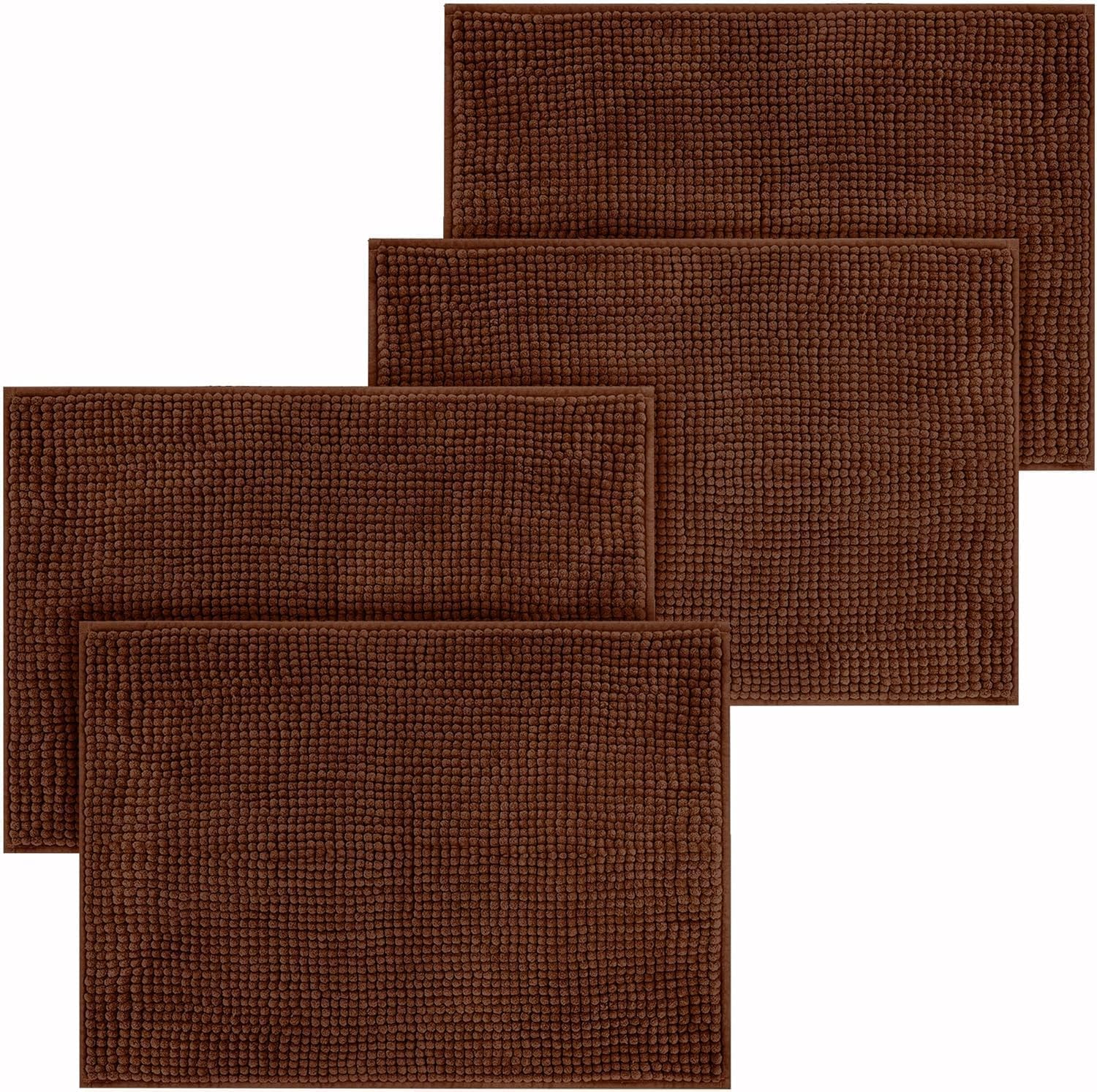 Hafaa Brown Bath Mat Non Slip Anti Mould – (4 Pack) 40x60 cm Chenille Bathroom Mat