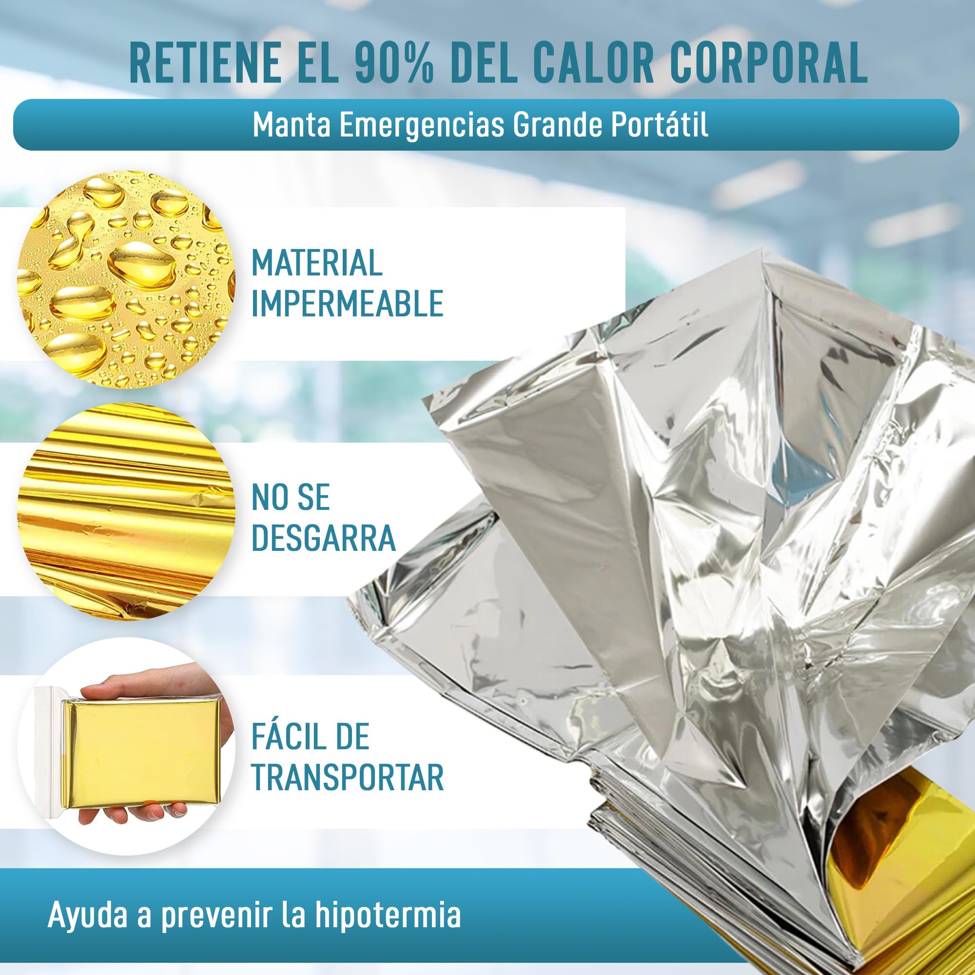 Manta Térmica Supervivencia Reutilizable X5 UNIDADES Manta Emergencia térmica Mantas Térmicas de supervivencia GRANDE 210x160cm Mantas de Supervivencia PROTECCIÓN Frío y Calor Lluvia Viento.