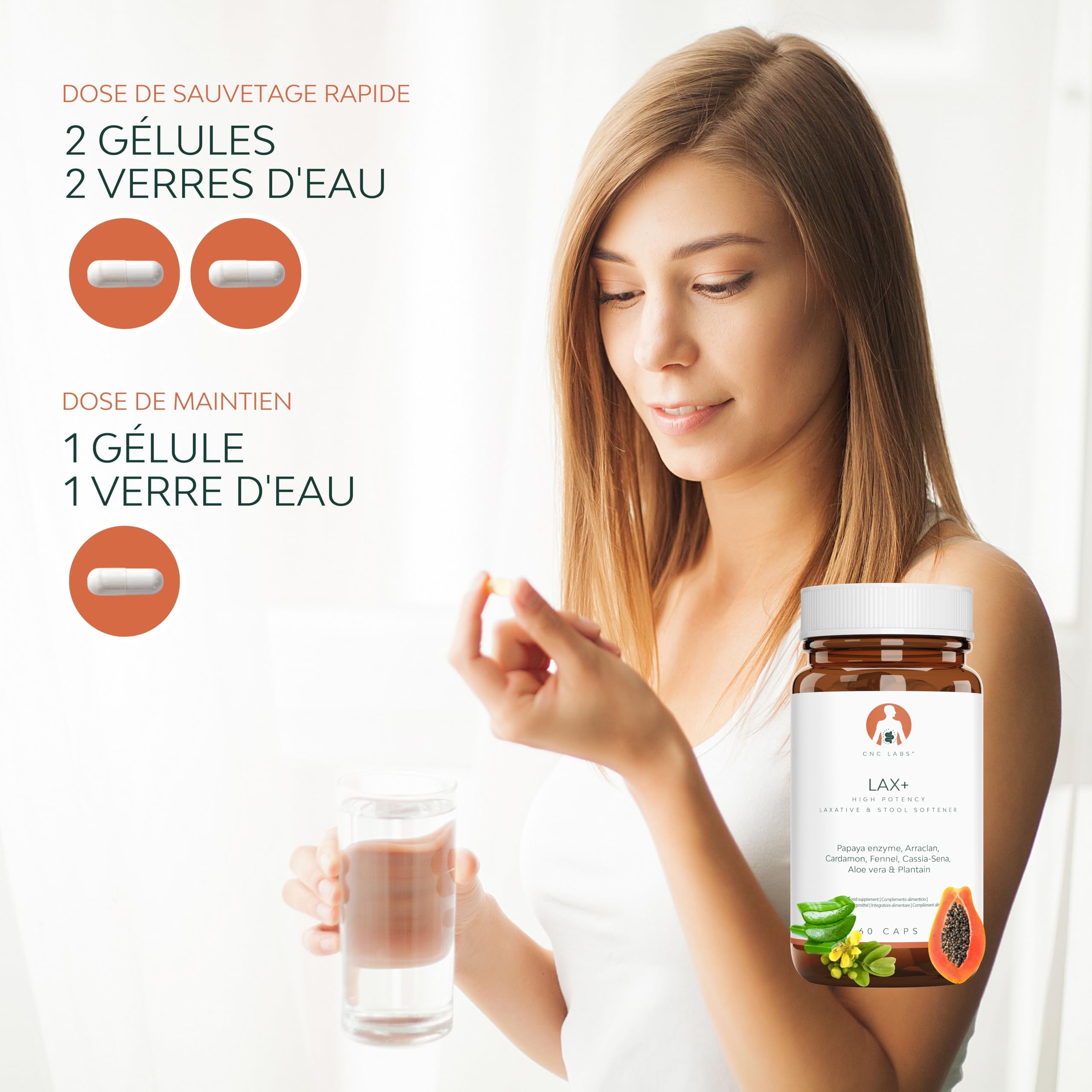 LAX+ Laxatif, 2 flacons, soulage la constipation chez l'adulte, ramollit les selles, efficace et rapide, à base de papaye, nerprun, cardamome, fenouil, feuilles de séné, aloe vera et plantain lancéolé