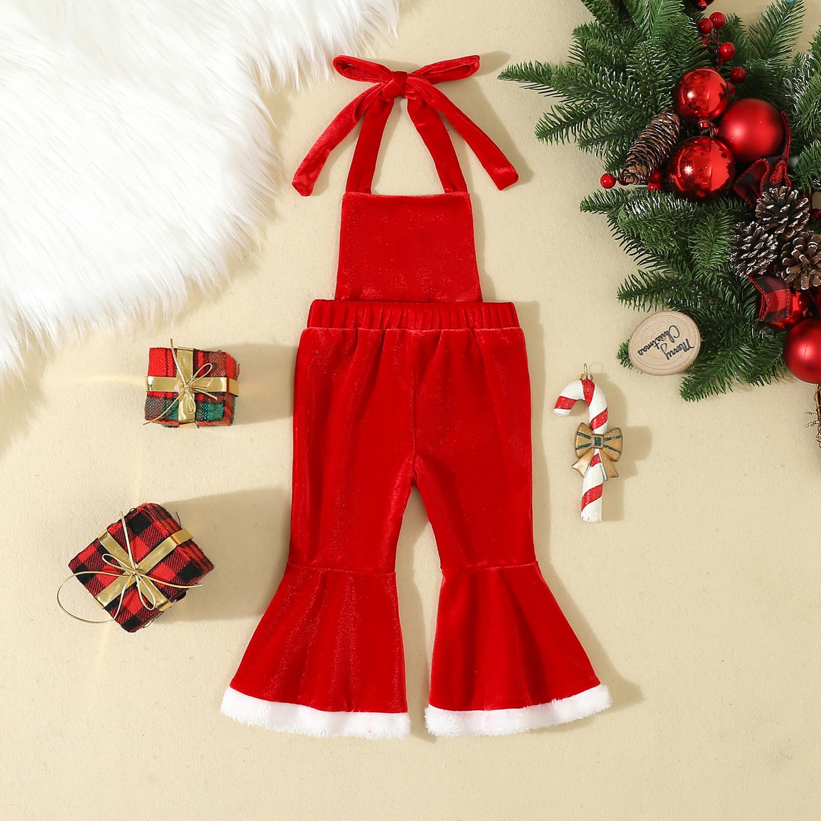 BULINGNA Baby Girl Christmas Outfit My First Christmas Suspender Jumpsuit Velvet Overalls Bell Bottom Pants Fall Clothes (Red, 0-3 Months)