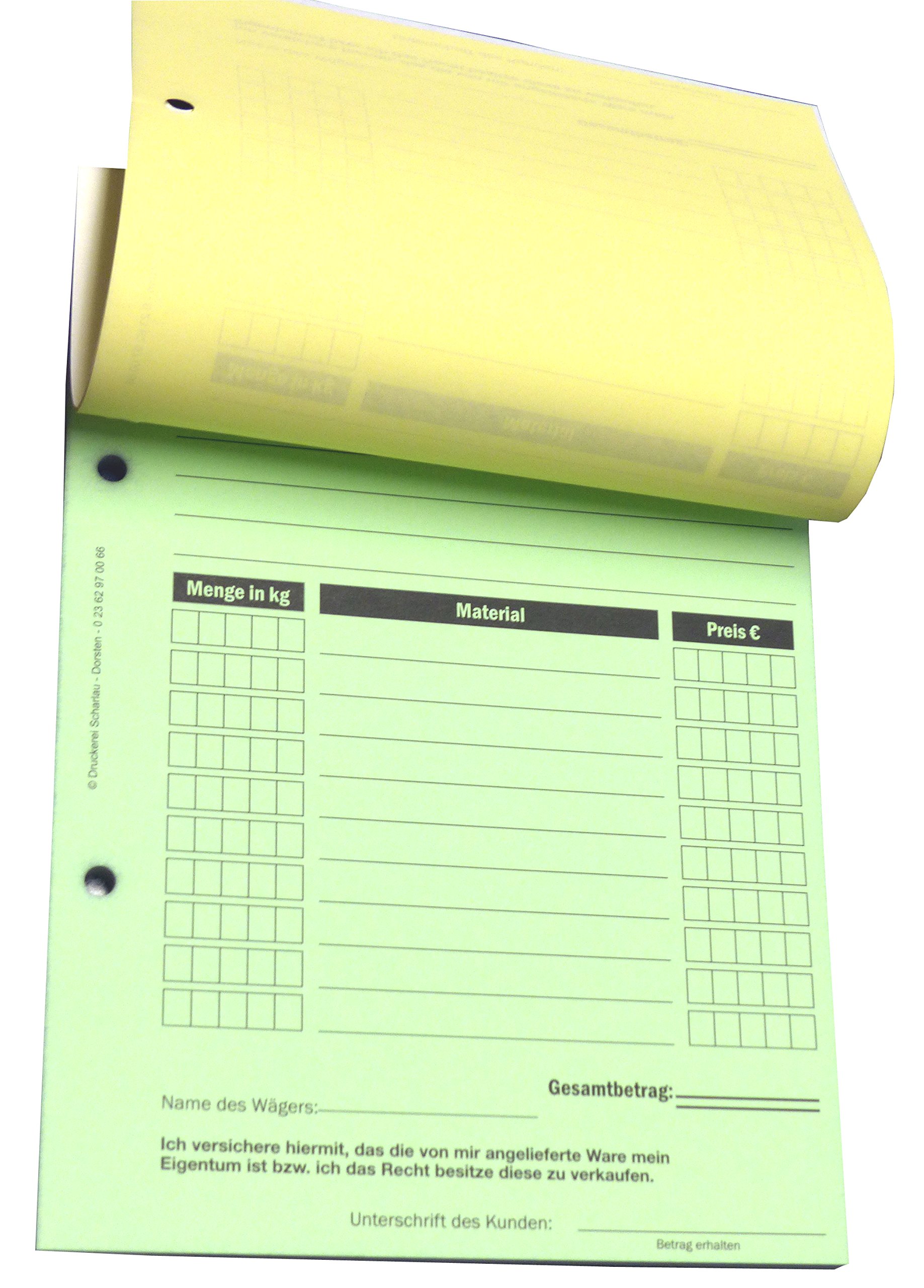 10x Ankaufquittung - Gutschrift - Materialeingang DIN A5, 3-fach selbstdurchschreibend,3x30 Blatt weiß/gelb/grün - gelocht (22736)