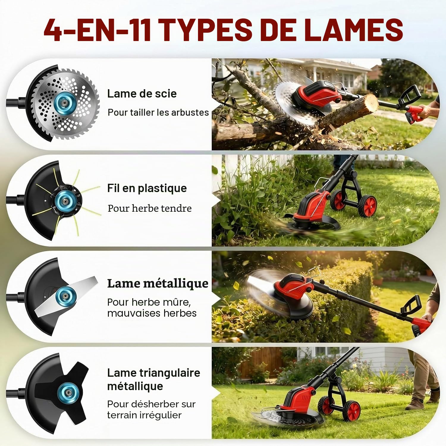 Débroussailleuse Electrique sans Fil 12", Coupe-Bordure Électrique sur Batterie 2×21V 3.0Ah avec Roues, 4 Types Lames Interchangeables, Tondeuse Multifonction 4-en-1 Dresse-Bordures pour Jardin
