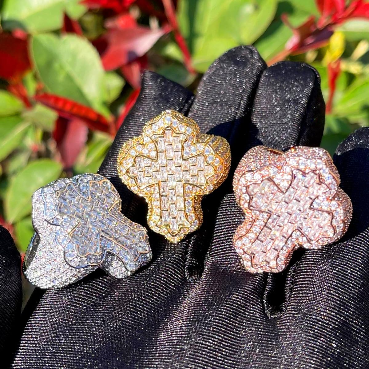 Iced Out Diamond Baguette Cross Pinky Ring Cubic Zirconia Punky Hip Hop Rapper Style Band Ring Jewelry Gift for Men Women image 5