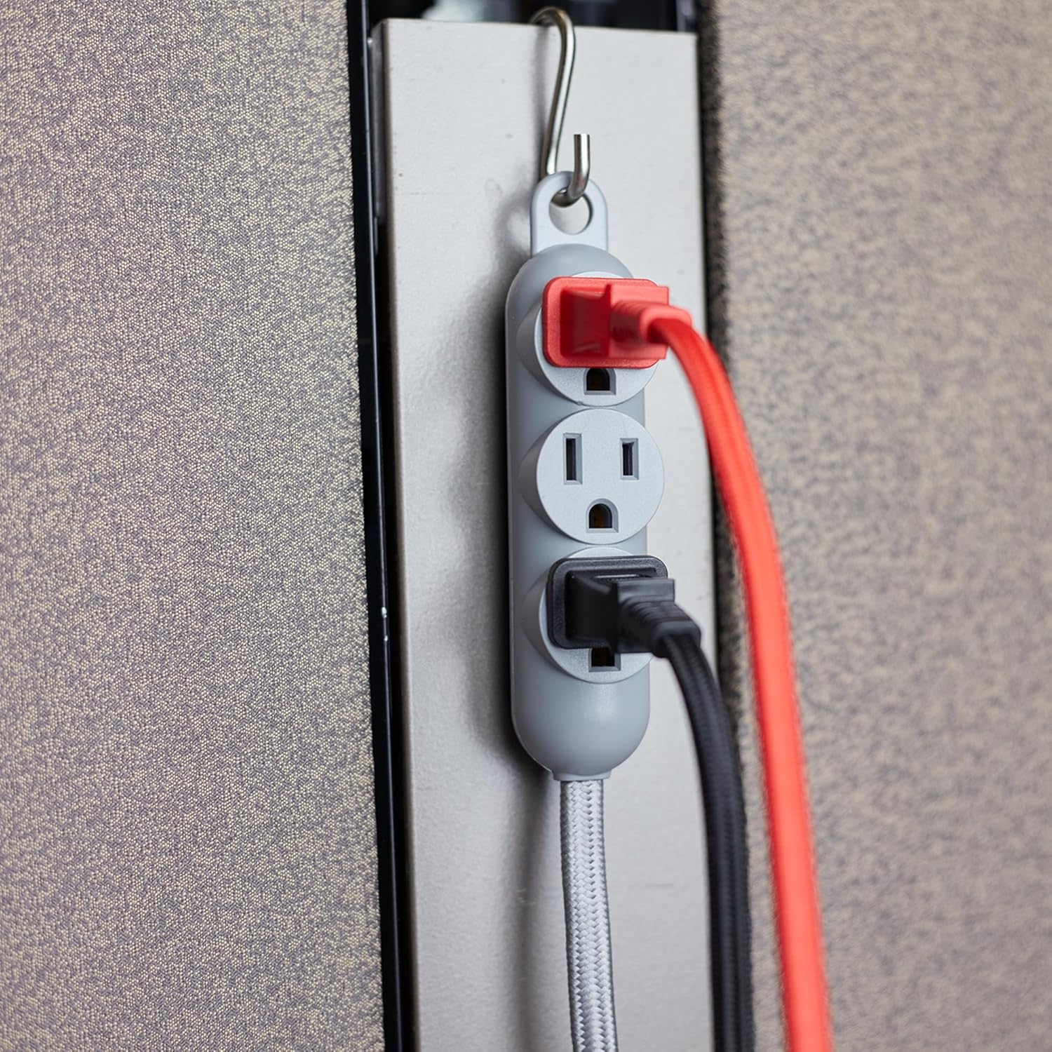 Globe Electric 22971 Designer Series 12ft Fabric Extension Cord, 3 Grounded Outlets, Right Angle Plug, 125-Volts, Integrated Hanging Hook, Metallic Gray Finish