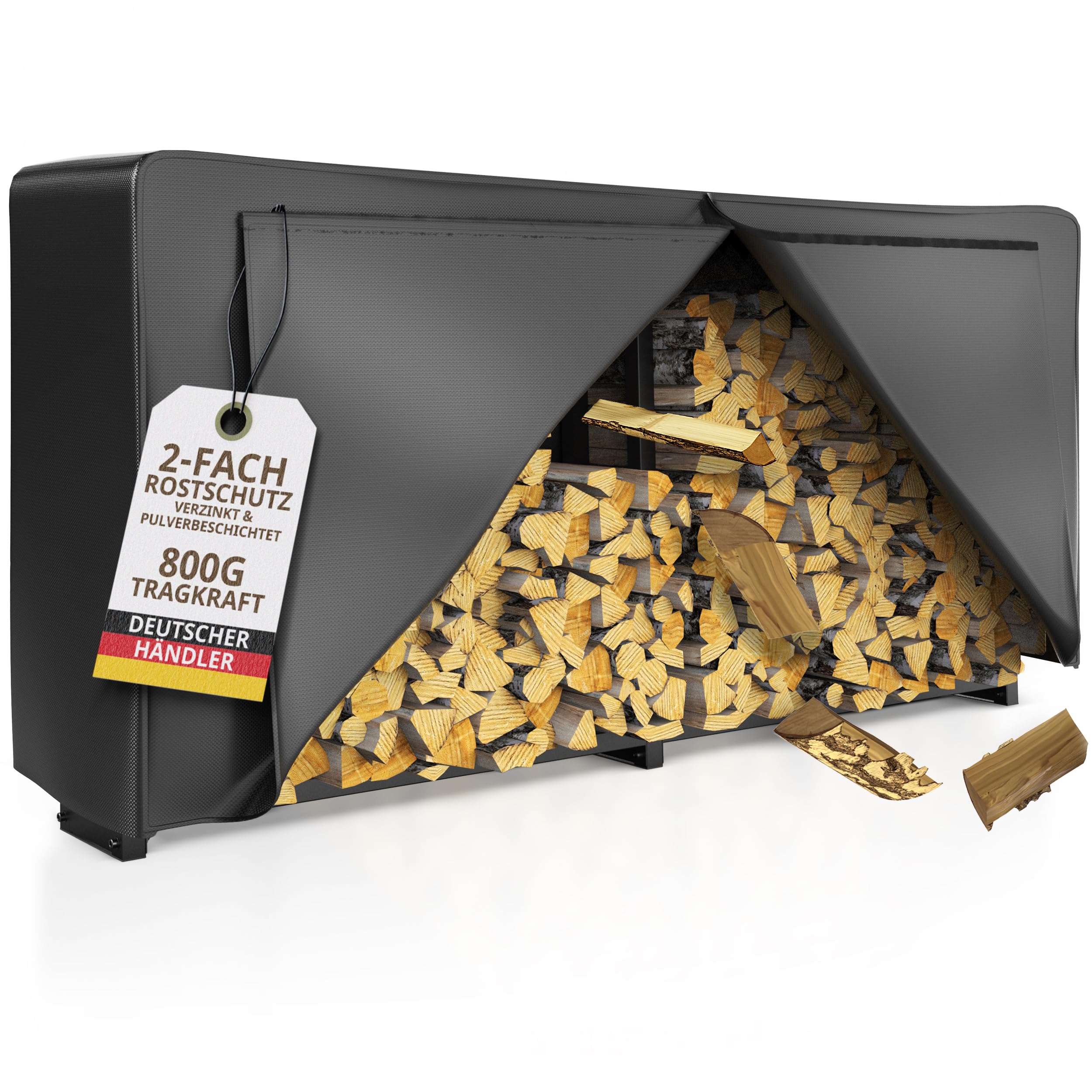 Kaminholzregal außen Metall 223x25x115cm | 25cm tief mit 61cm Plane verzinkte Stapelhilfe Feuerholz Garten mit XXL Abdeckung