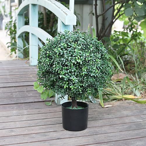 Miniatura 5 de Sunnyglade Juego de 2 Árboles de Bolas Topiarias de Boj Artificial de 21.6 Pulgadas de Alto, Arbustos en Maceta Resistentes a los Rayos UV, Plantas