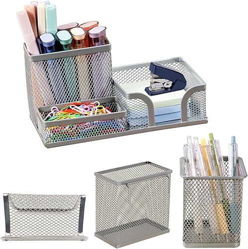 GATUSOO Juego de 4 soportes de malla para lápices de escritorio, organizador de escritorio, suministros de oficina, notas adhesivas, tarjetas,