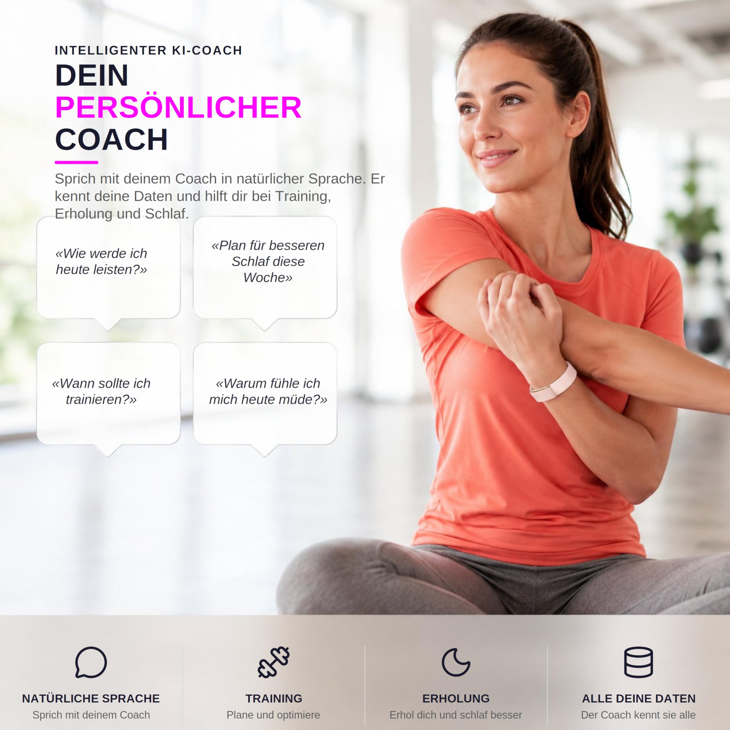 Sense Smartband ohne Display Damen Herren, Entwickelt in Spanien, KI-Coach, Schlaf Energie Erholung, Herzfrequenz 24/7 HRV SPO₂, IP68, Akku +45 Tage, Ohne ABO, Rosa