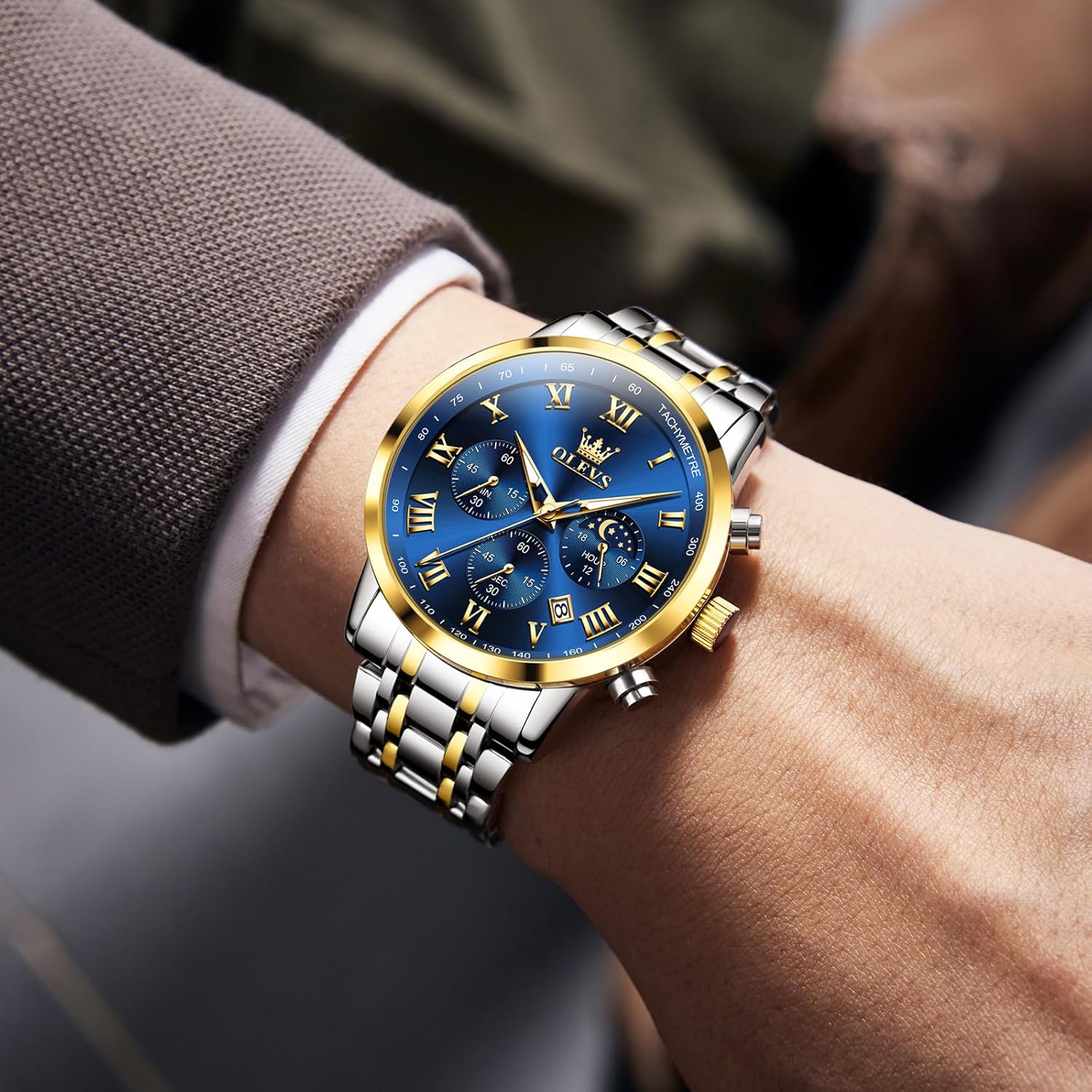 OLEVS Mens Stainless Steel Chronograph Watch, Big Face Roman Numerals Date Analog Quartz Dress Watches for Men, Fashion Multifunctional Waterproof Luminous Hands Men's Wristwatch