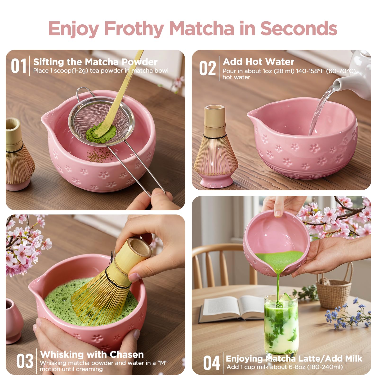 AANQQ Matcha Kit Rose: Matcha Set 7 Pezzi - 560ml Ciotola Matcha - Chasen - Cucchiaio Di Matcha & Matcha Setaccio, Kit Matcha Ideale Per Amanti Del Matcha E Principianti