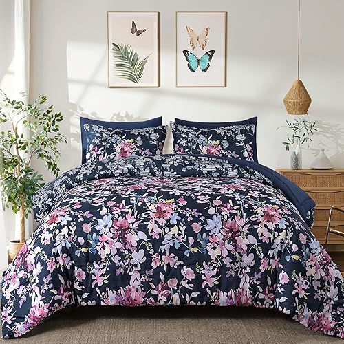 Miniatura 11 de Dobuyly Juego de edredón tamaño Queen, 7 piezas, juego de edredón floral verde, ropa de cama Queen en una bolsa con patrón de flores botánicas,