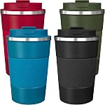 4 Pack de tasse à café isolée avec limace 17oz Gobelet de café de voyage en acier inoxydable Réutilisable tasses de café Thermique tasse à café pour boissons froides chaudes et glacées, multicolore