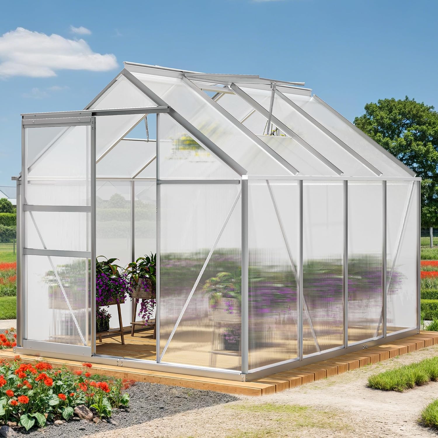 YITAHOME 6x8FT Polycarbonate Greenhouse Heavy Duty Green Houses Outdoor Aluminum Greenhouses with Sliding Doors Vent Window Walk-in Greenhouse Large Sun House for Garden Backyard, Matte Silver