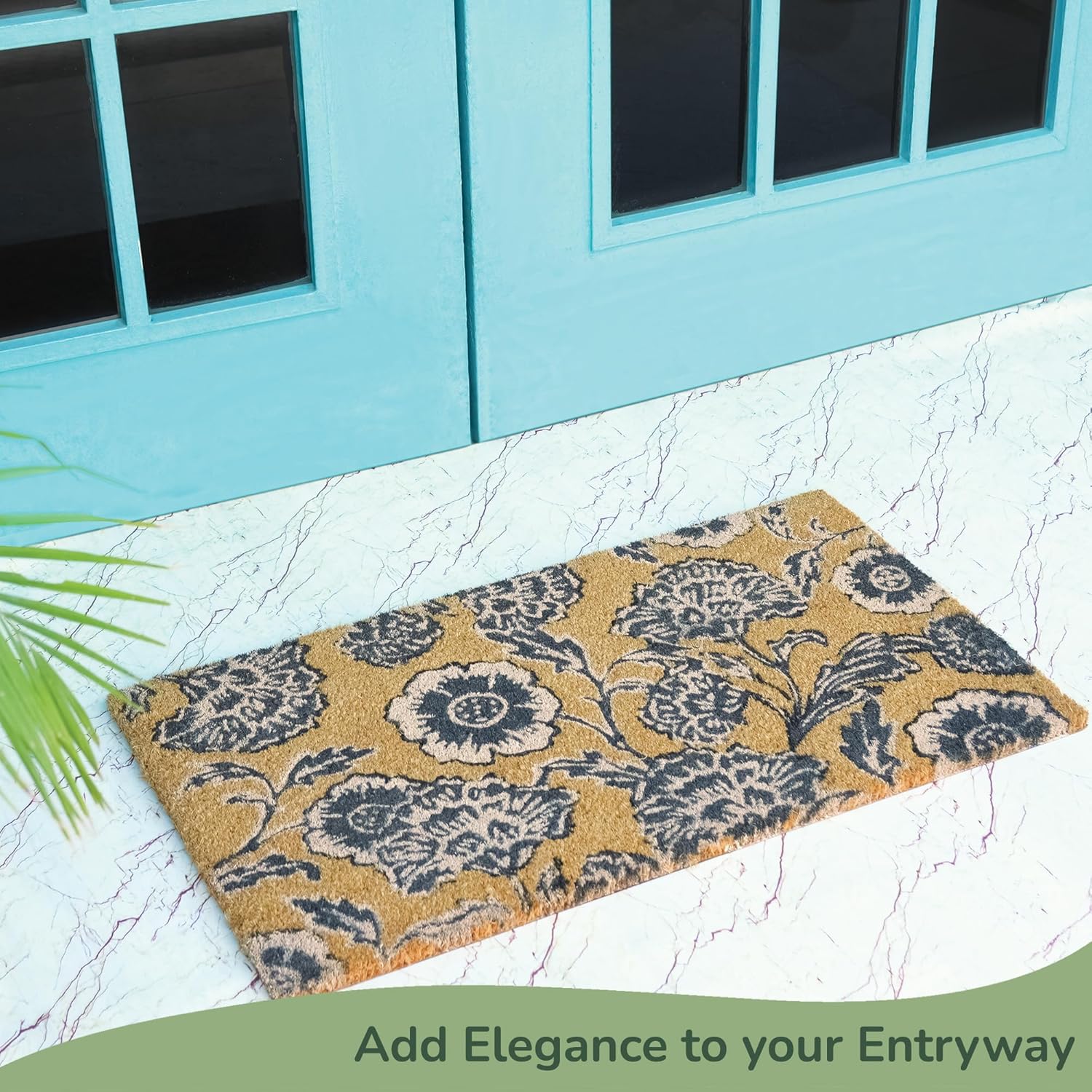 Coir Door Mat, Floral Print Entryway Floor Mats with Non-Slip PVC Backing, Indoor Outdoor Mat for Front Door Decor, Door Mat, Welcome Mats with Chelsea Flower Print, Gray, 30”x 17”